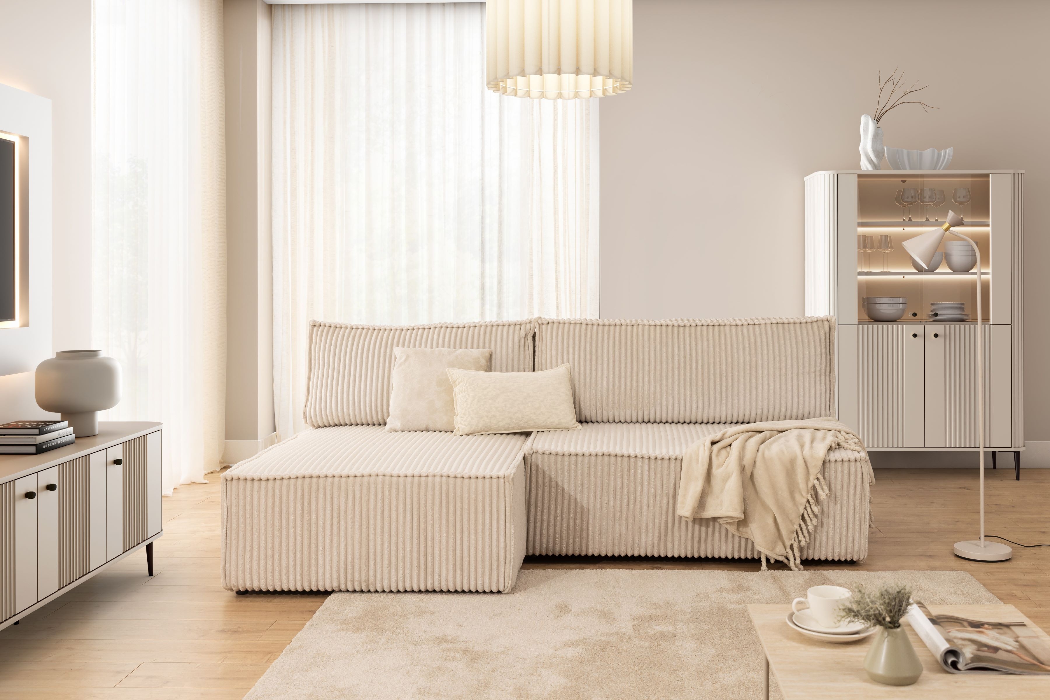 Rohová sedacia súprava Solvero Mini ľavá s funkciou spania - svetlobéžový plyš Tilia 01 Rohová sedacia súprava Solvero Mini s funkciou spánku Ľavá strana - Krémový MENČESTER Tilia 01