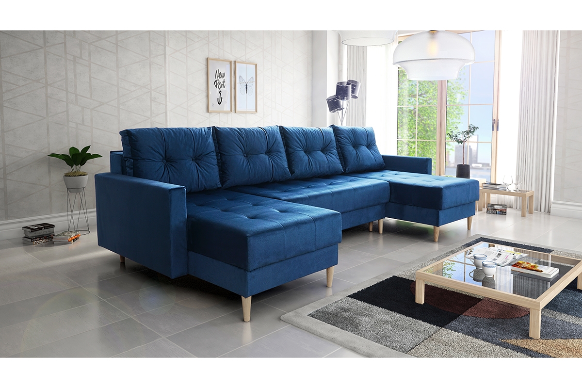 Rohová sedacia súprava Romano U rozkladacia univerzálna - modrý zamat Monolith 77 / svetlý rustikál Rohová sedacia súprava Romano U rozkladany uniwersalny prawo/Ľavá strana - Modrý velúr Monolith 77