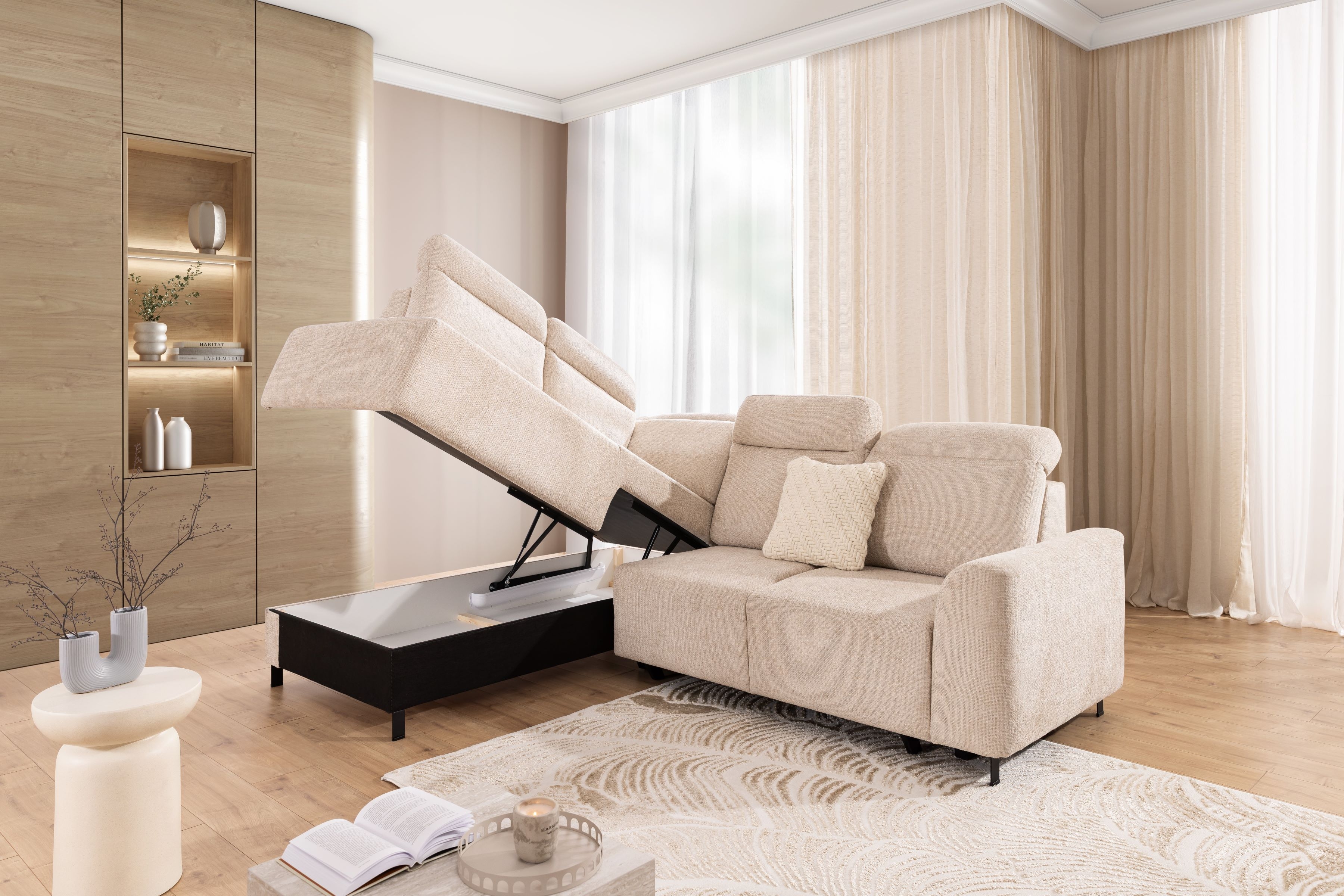 Rohová sedacia súprava Magnis L s funkciou spania ľavá - béžová pletenina Magni 206-03 Rohová sedacia súprava Magnis L s funkciou spánku Ľavá strana - Béžová plecionka Magni 206-03