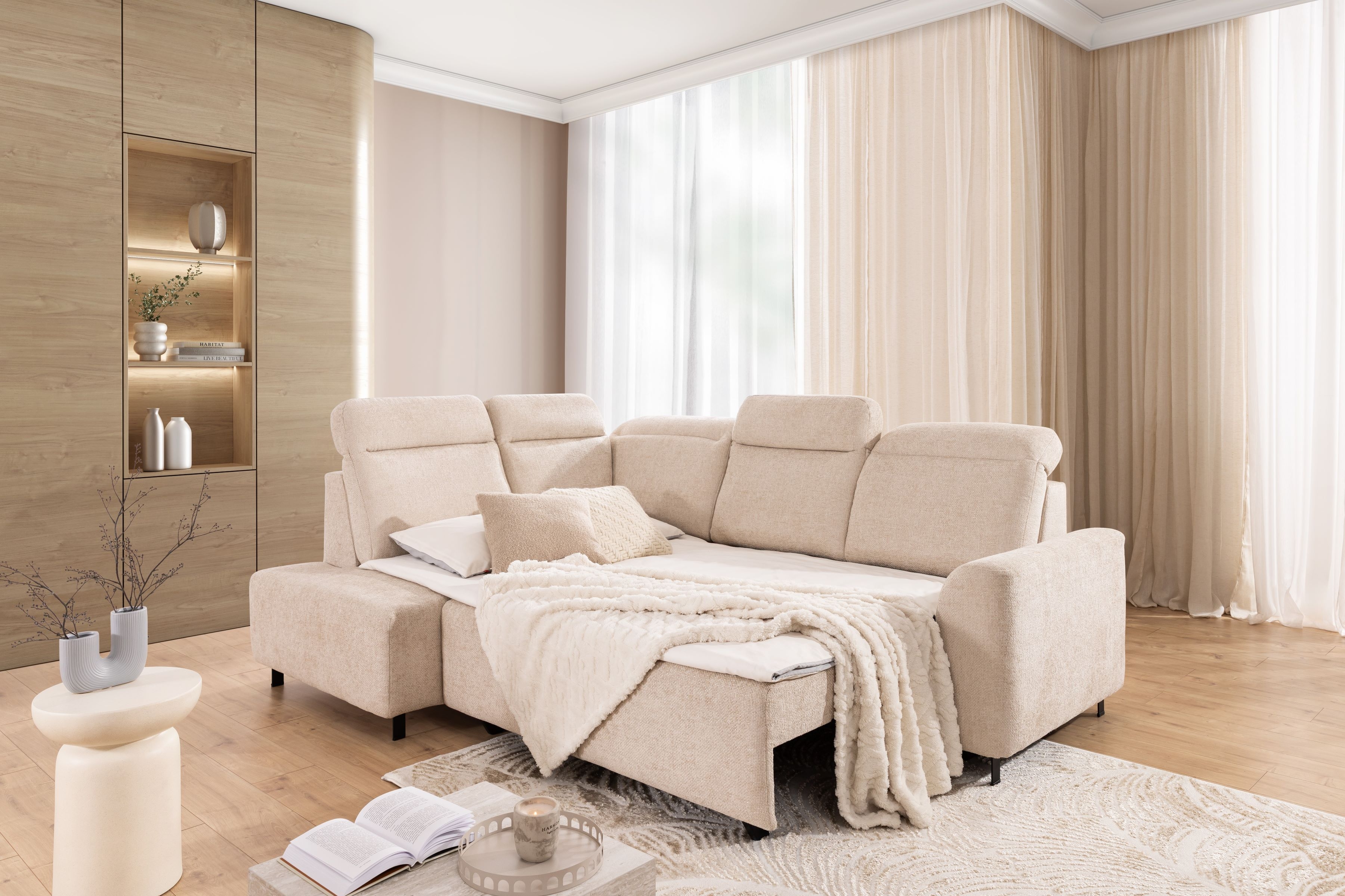 Rohová sedacia súprava Magnis L s funkciou spania ľavá - béžová pletenina Magni 206-03 Rohová sedacia súprava Magnis L s funkciou spánku Ľavá strana - Béžová plecionka Magni 206-03