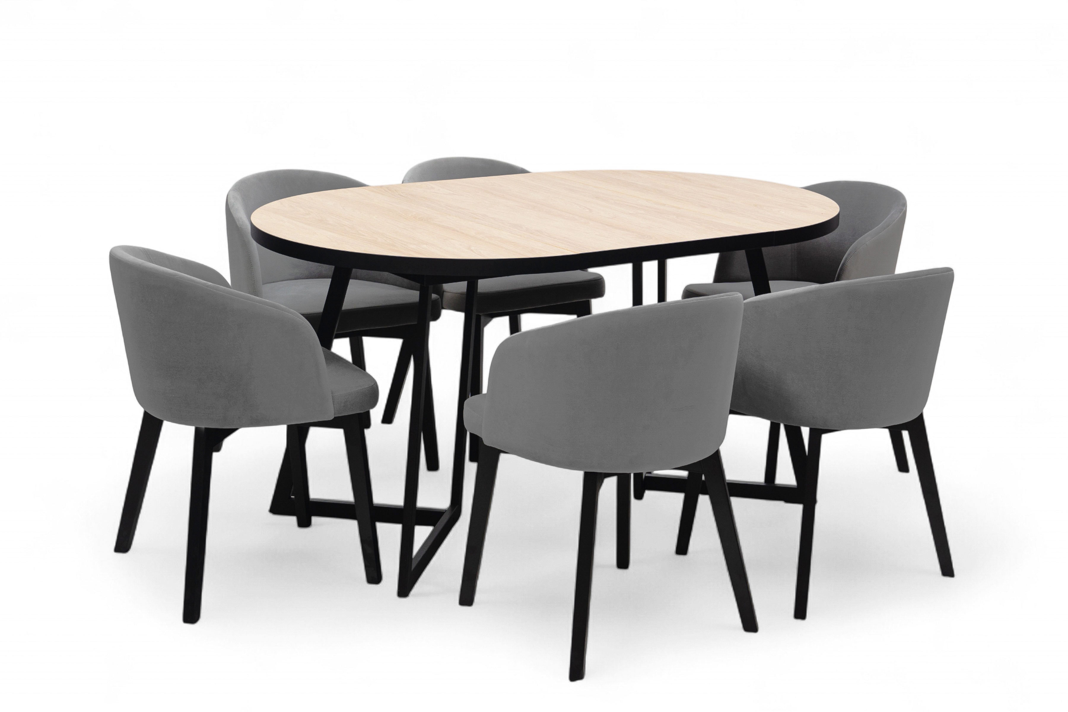 Jídelní set Cedrus Linear 105/160 cm + 4 židle Nerevio - dub hikora / šedá Komplet Stůl rozkladany Cedrus Linear 105/160 cm + 4 Židle Nerevio - dub hikora / šedá