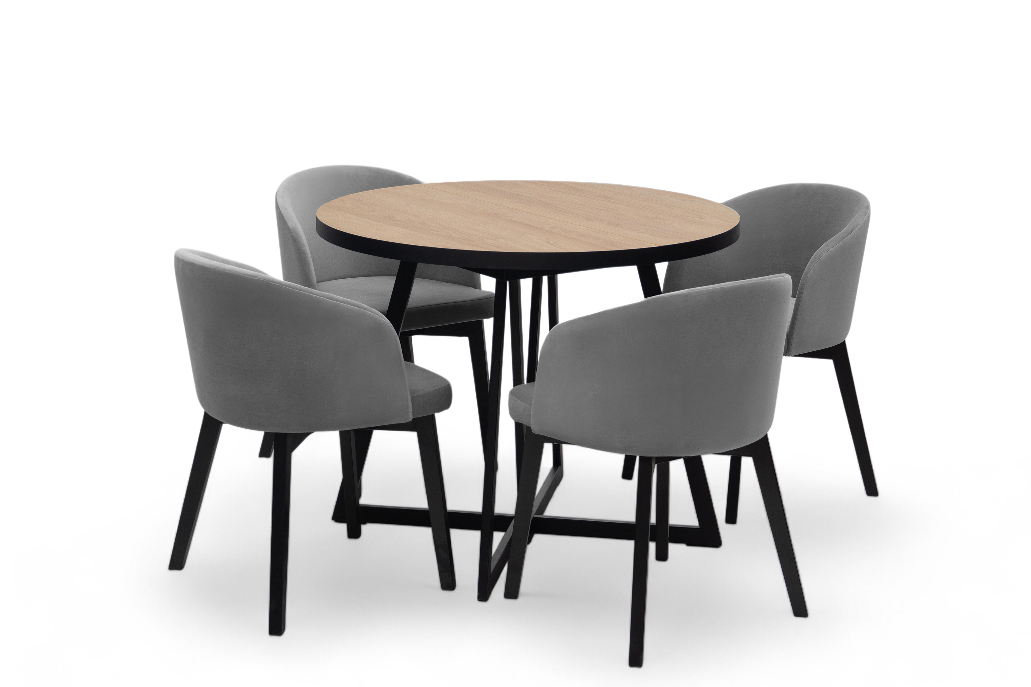 Jídelní set Cedrus Linear 105/160 cm + 4 židle Nerevio - dub hikora / šedá Komplet Stůl rozkladany Cedrus Linear 105/160 cm + 4 Židle Nerevio - dub hikora / šedá