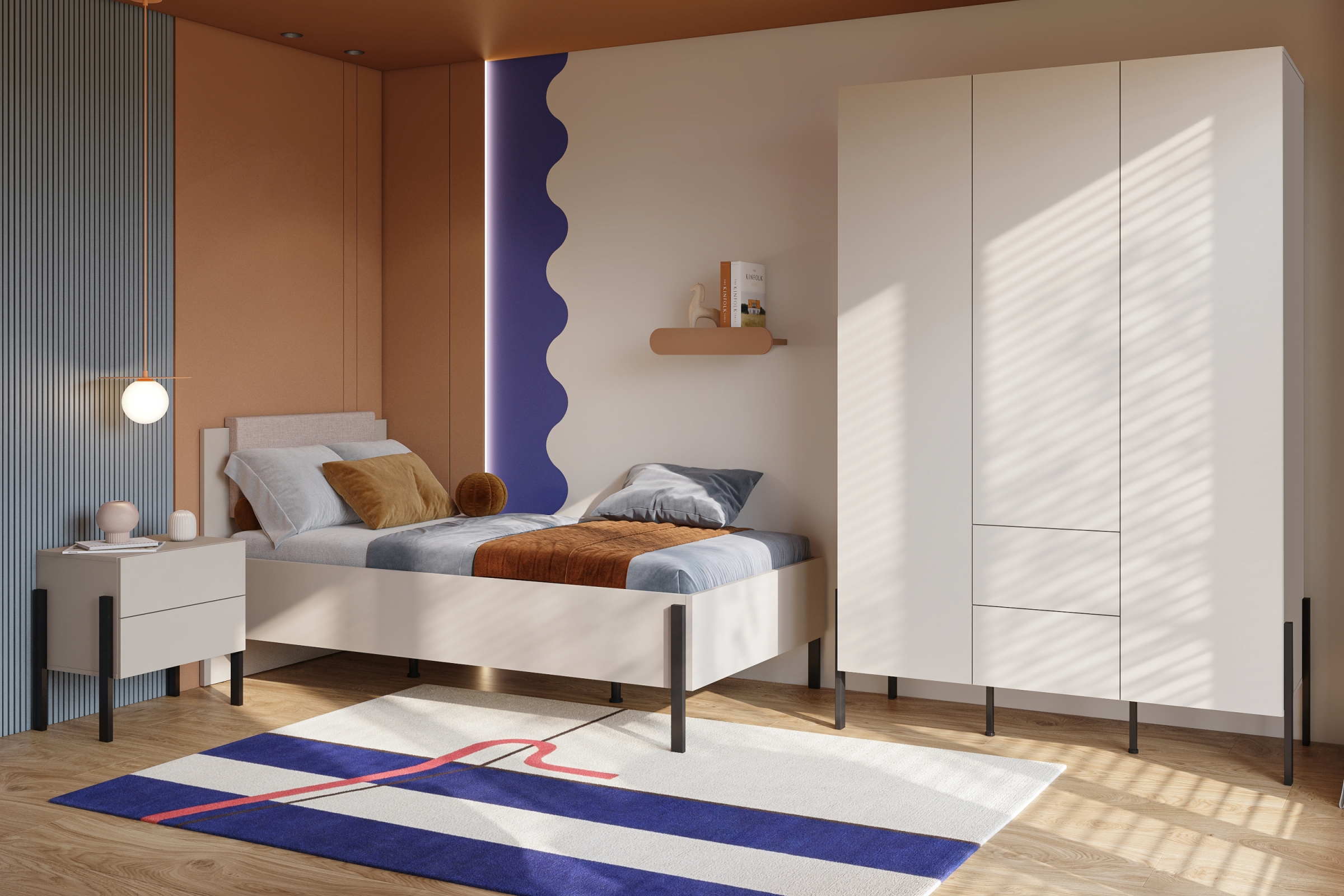 Ložnicová sestava Jukon s postelí s úložným prostorem 100x200 cm - kašmírová / černé nožky Komplet nábytku pro ložnice Jukon Postel 100x200 cm s úložným prostorem, Noční stolek i skříň trzydrzwiowa - kašmír / černé nožičky