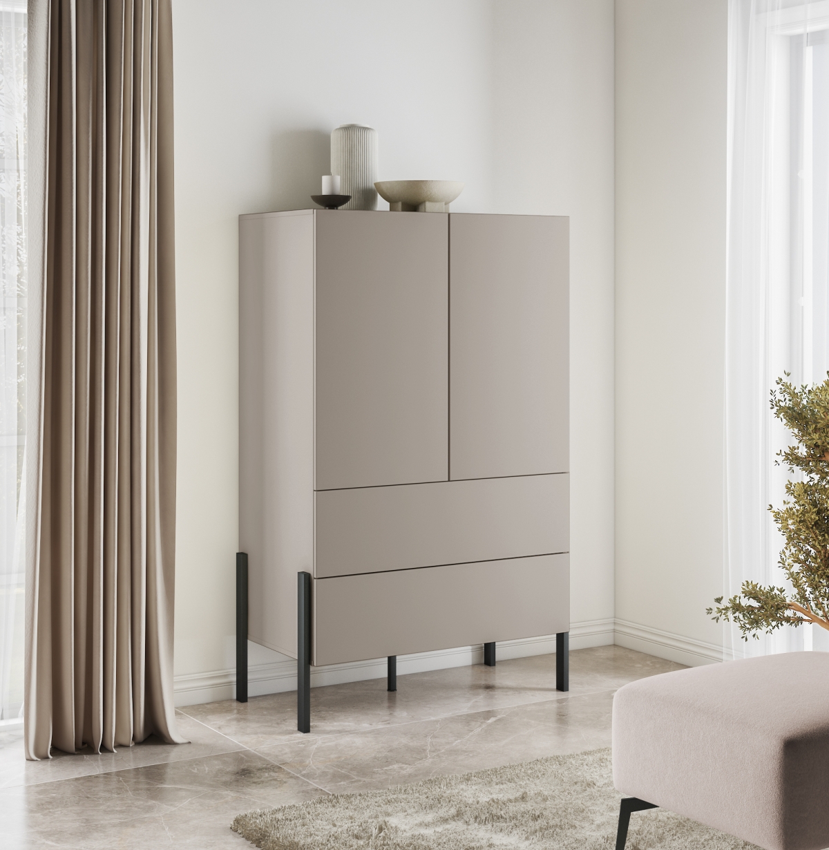 Vysoká komoda Jukon 90 cm - biely mat Komoda dvojdverová Jukon 90 cm bielizniarka - biely mat / kovové nožičky