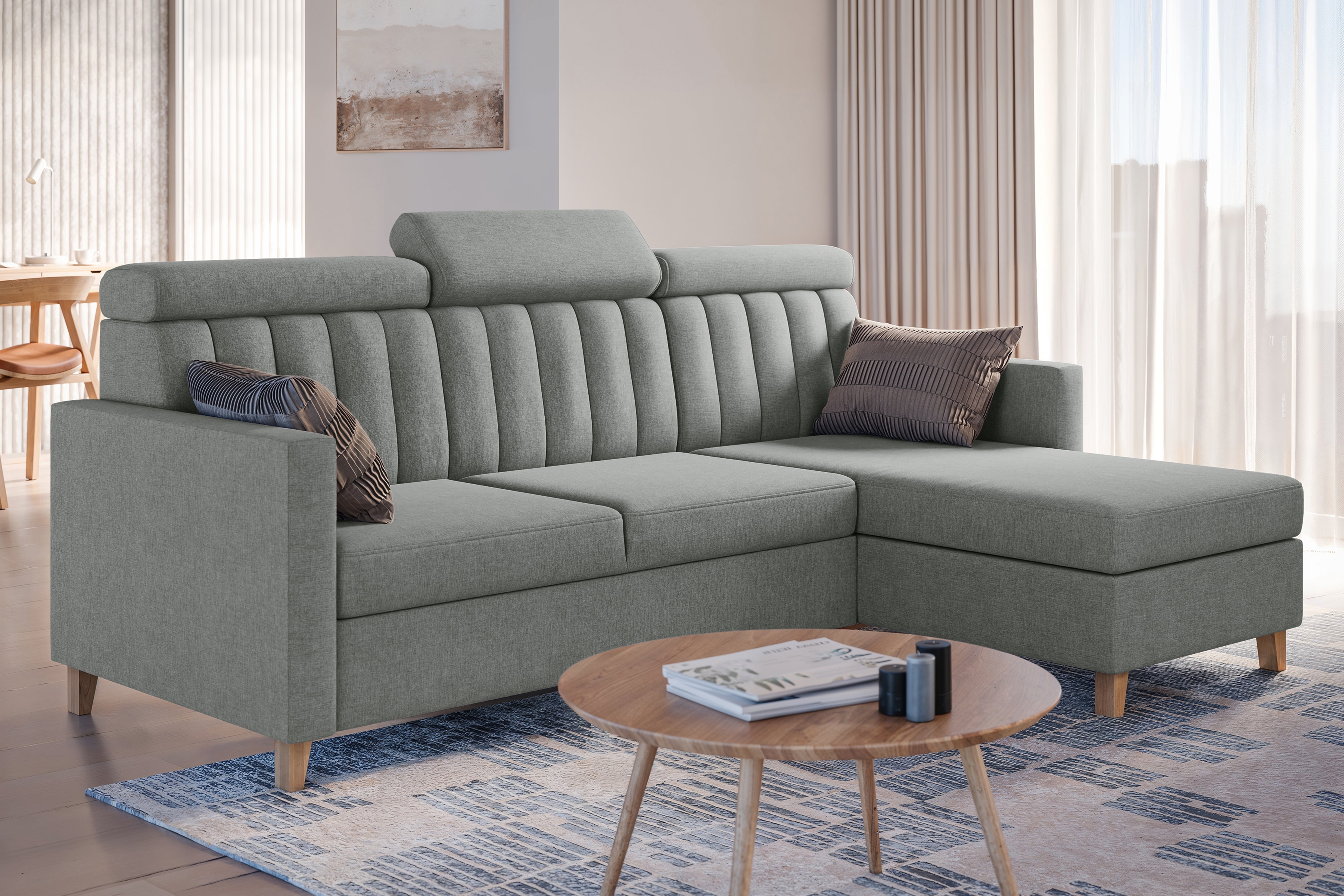 Rohová sedacia súprava Vario univerzálna s funkciou spania - sivý šenil Wind 89 - Koncovka Série    Rohová sedacia súprava Vario s funkciou spánku uniwersalny prawo/Ľavá strana - šedý šenil Wind 89 - Koncovka Série  