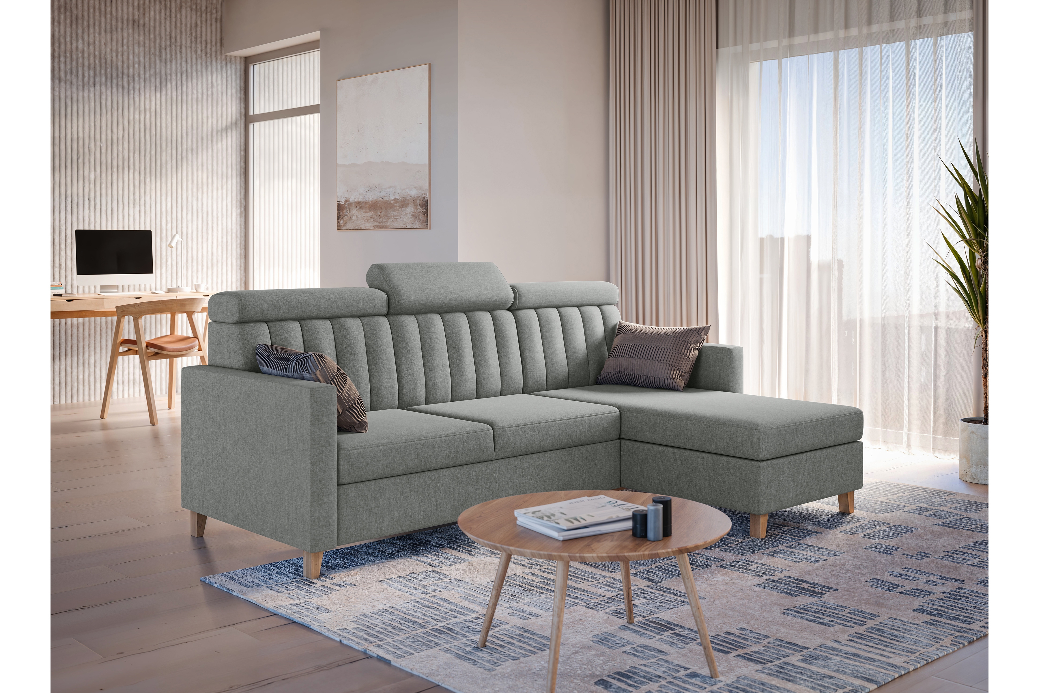 Rohová sedacia súprava Vario univerzálna s funkciou spania - sivý šenil Wind 89 - Koncovka Série    Rohová sedacia súprava Vario s funkciou spánku uniwersalny prawo/Ľavá strana - šedý šenil Wind 89 - Koncovka Série  