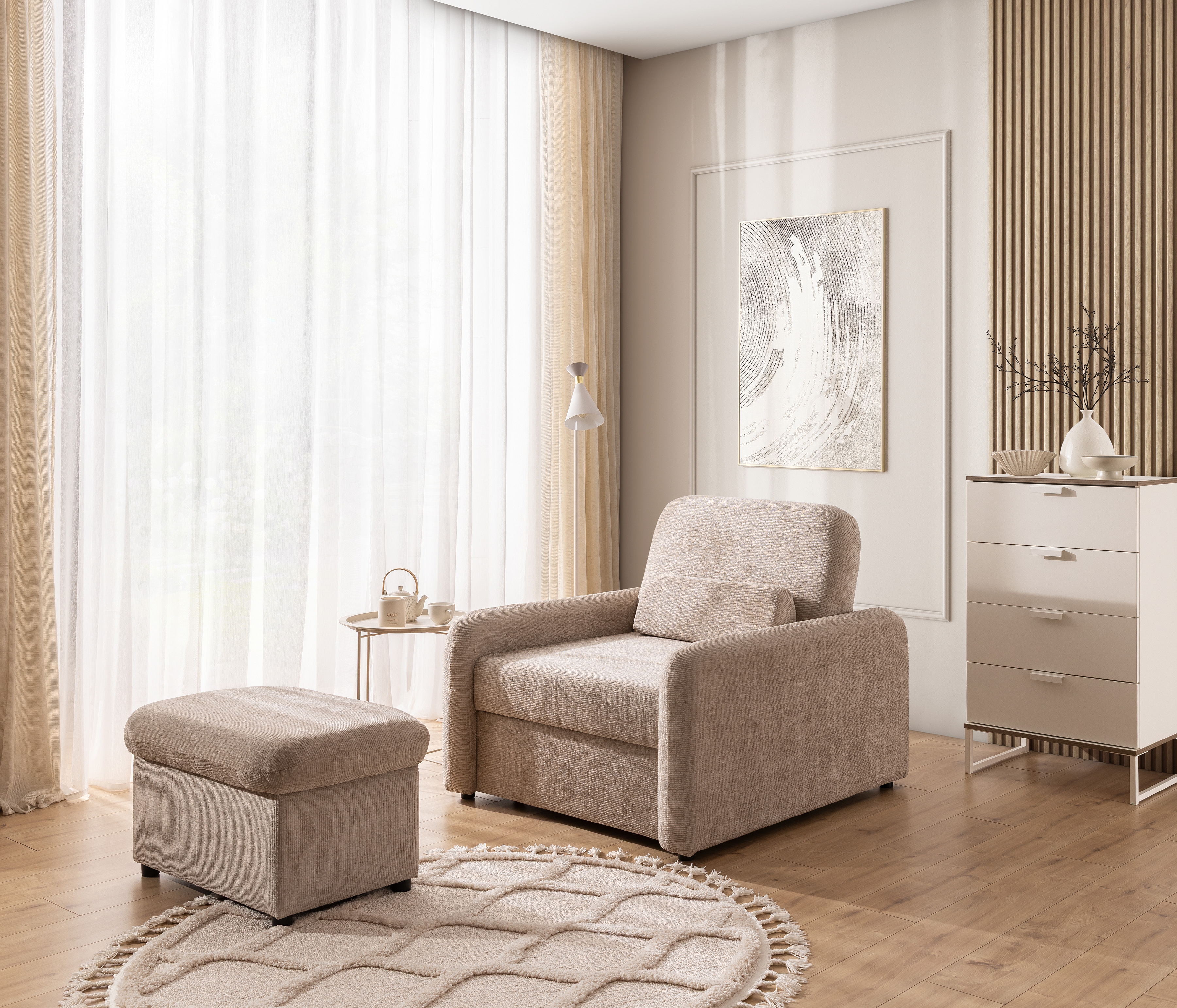 Jednomístná pohovka Masilio s taburetem Pohovka Masilio z pufa