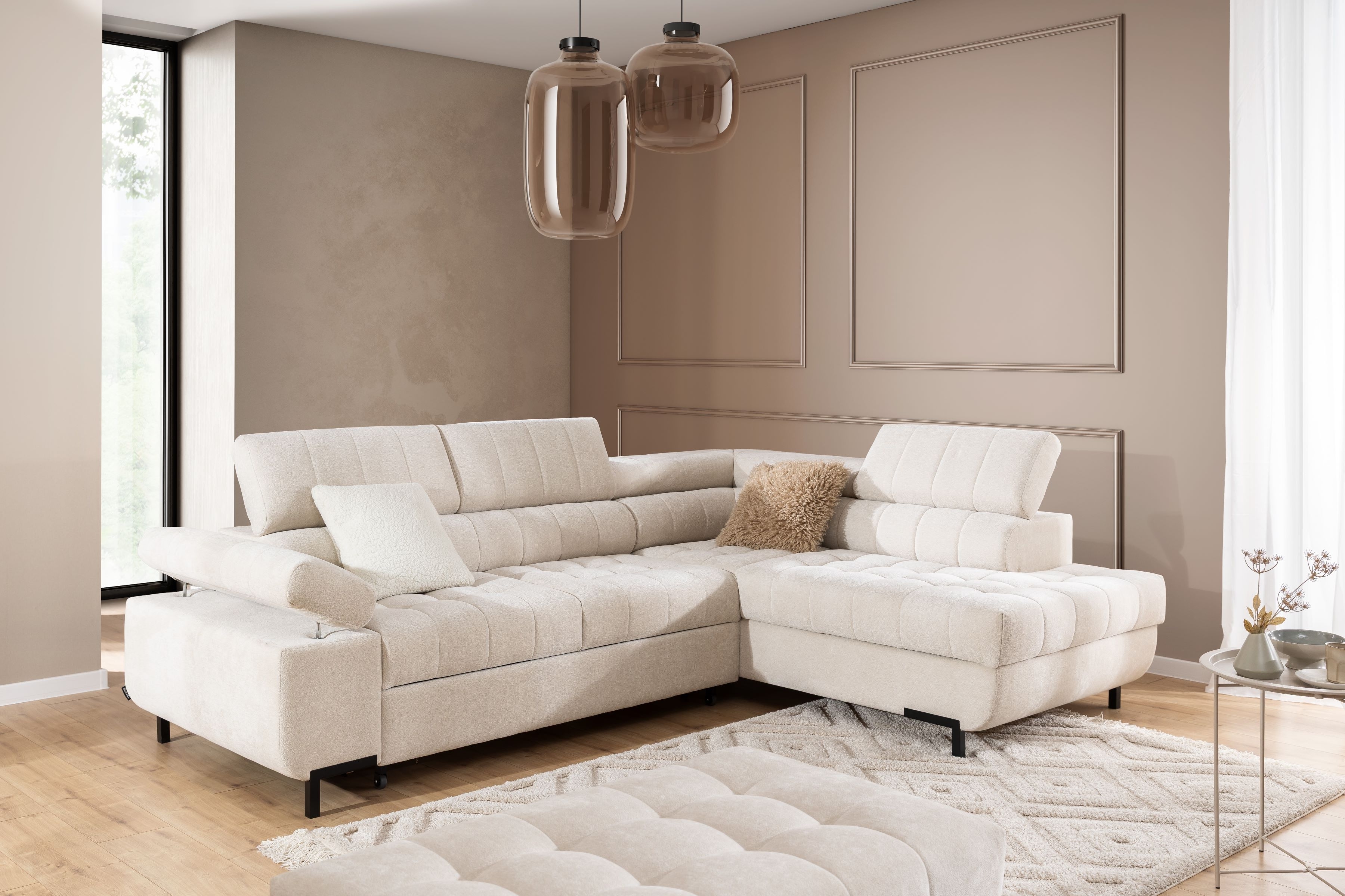 Rohová sedací souprava pravá rozkladany pro obývacího pokoje Tyrion L - béžová šenil Ditra New 20 Rohová sedací souprava pravá rozkladany pro obývacího pokoje Tyrion L - béžová šenil Ditra New 20