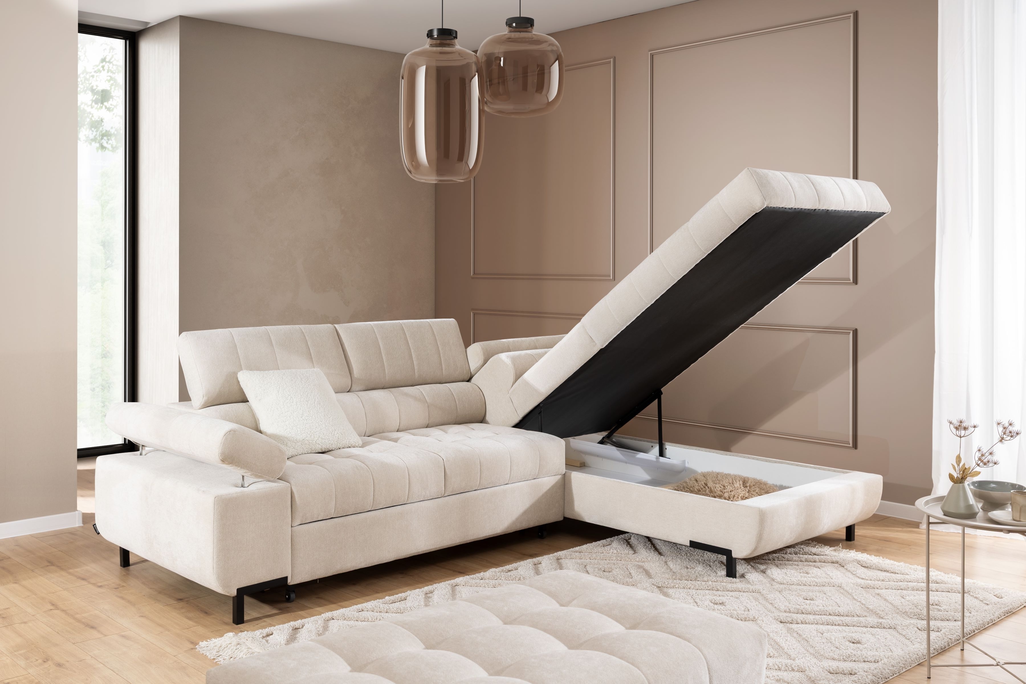 Rohová sedací souprava pravá rozkladany pro obývacího pokoje Tyrion L - béžová šenil Ditra New 20 Rohová sedací souprava pravá rozkladany pro obývacího pokoje Tyrion L - béžová šenil Ditra New 20