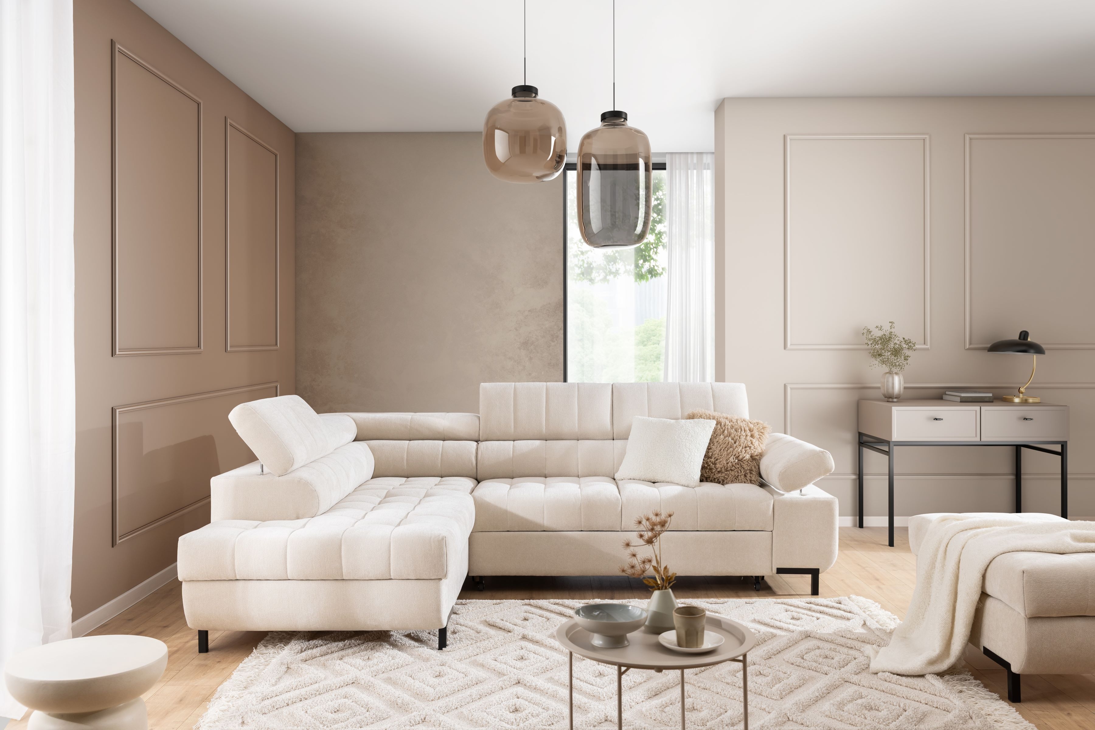 Rohová sedací souprava levá rozkladany pro obývacího pokoje Tyrion L - béžová šenil Ditra New 20 Rohová sedací souprava levá rozkladany pro obývacího pokoje Tyrion L - béžová šenil Ditra New 20