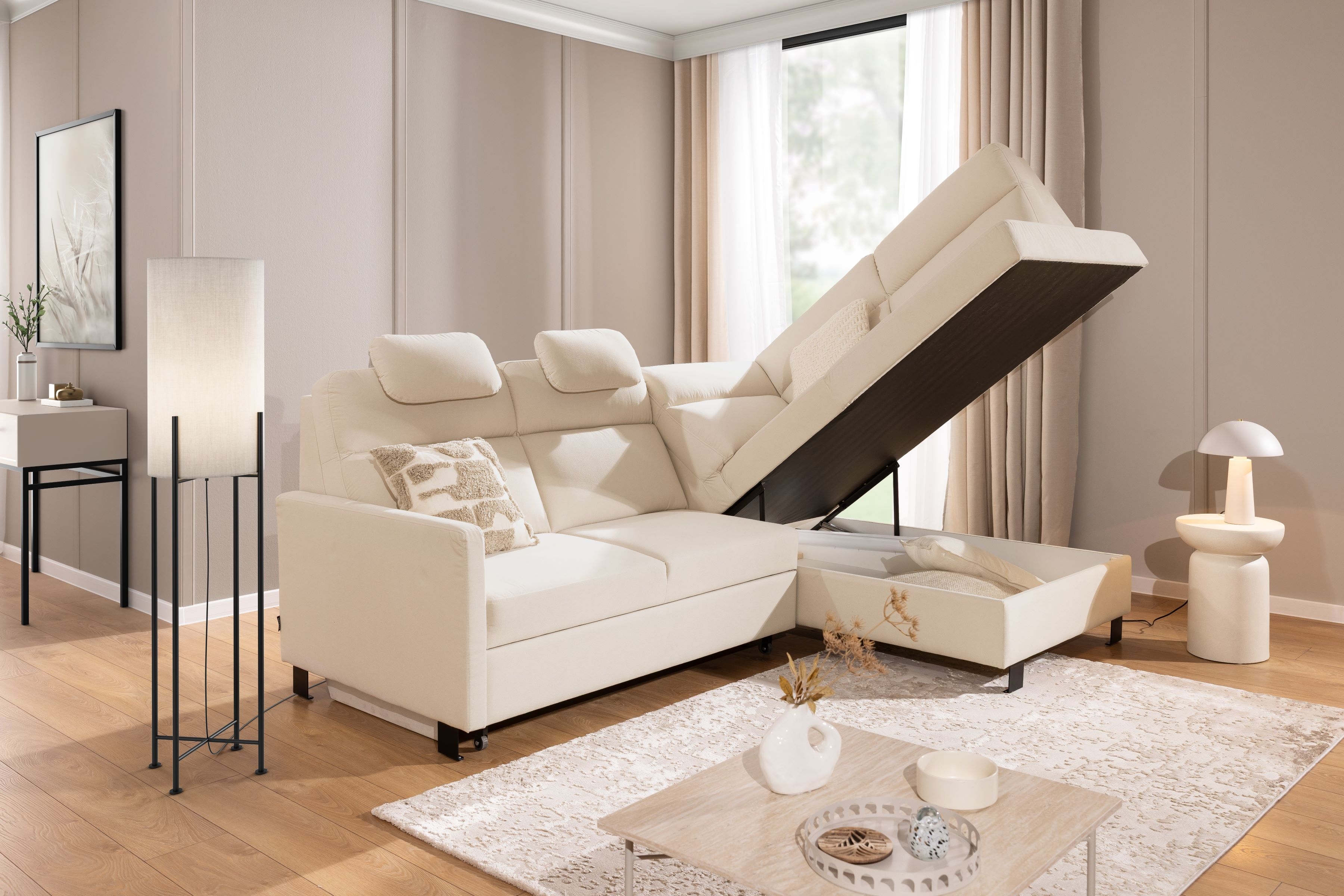 Rohová pohovka Loario L pravá s úzkými boky - krémová látka Sand 03 Rohová sedací souprava Loario L pravá z waskim bokiem - Sand 03