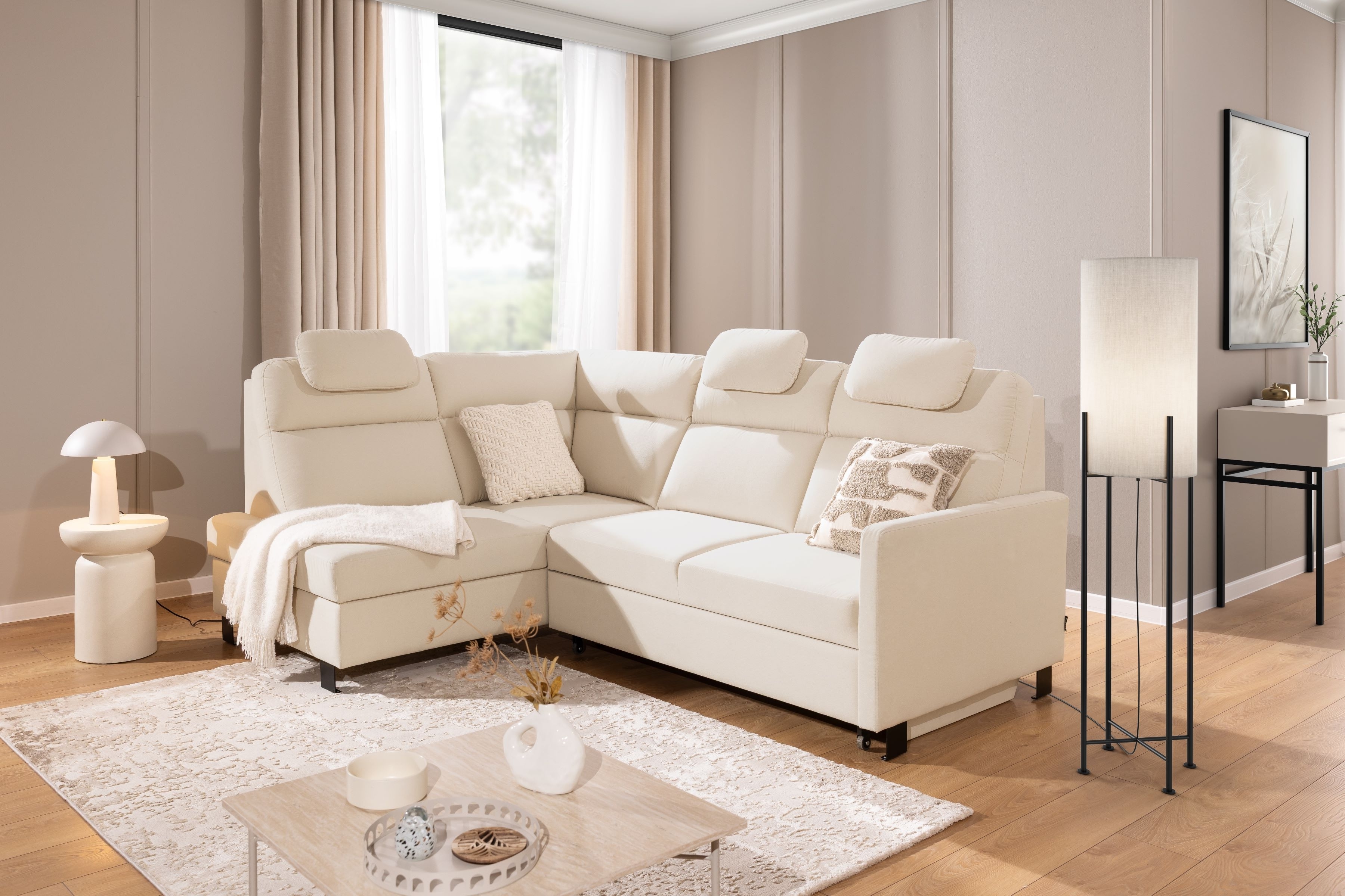 Rohová pohovka Loario L levá s úzkými boky - krémová látka Sand 03 Rohová sedací souprava Loario L levá z waskim bokiem - Sand 03