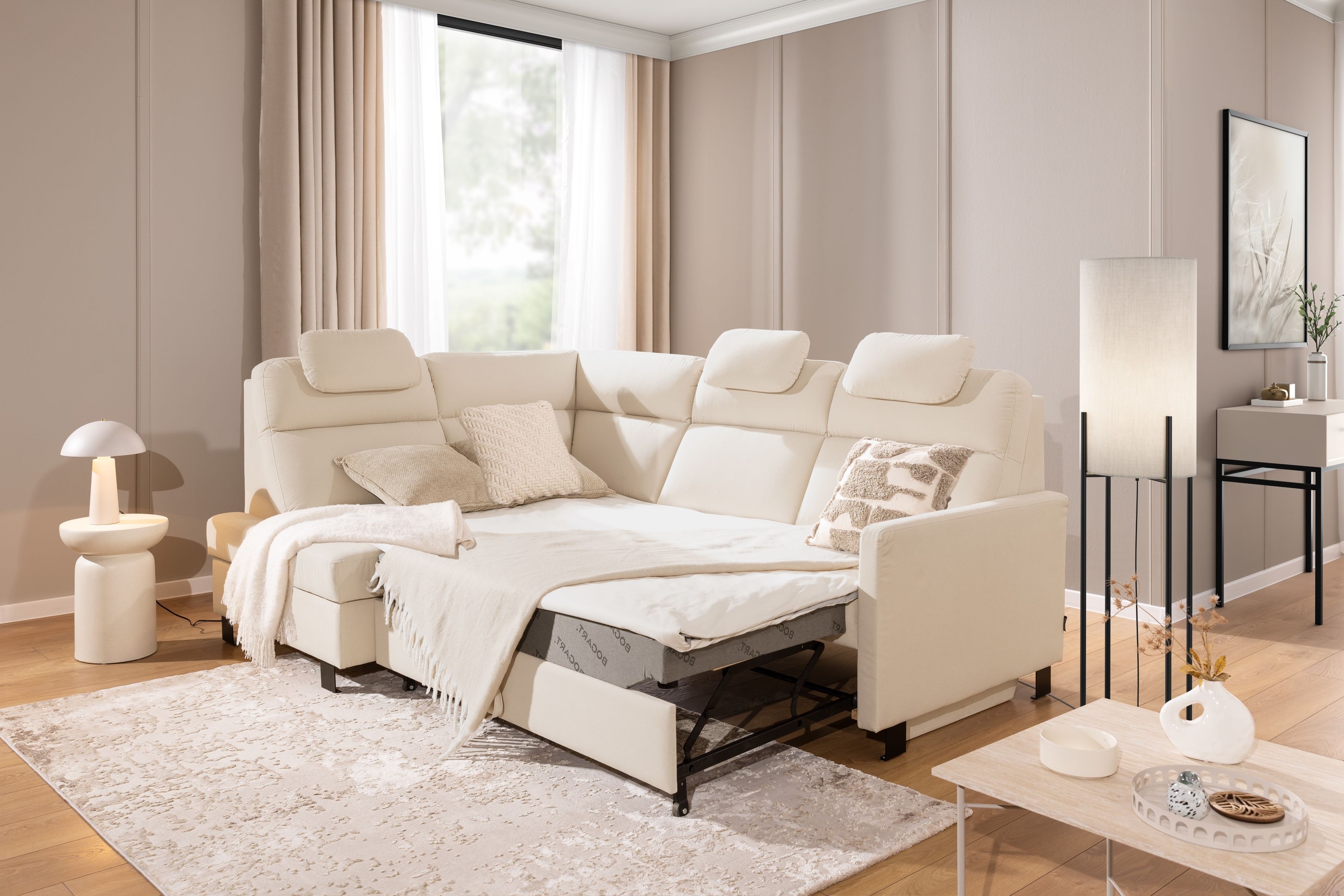 Rohová pohovka Loario L levá s úzkými boky - krémová látka Sand 03 Rohová sedací souprava Loario L levá z waskim bokiem - Sand 03