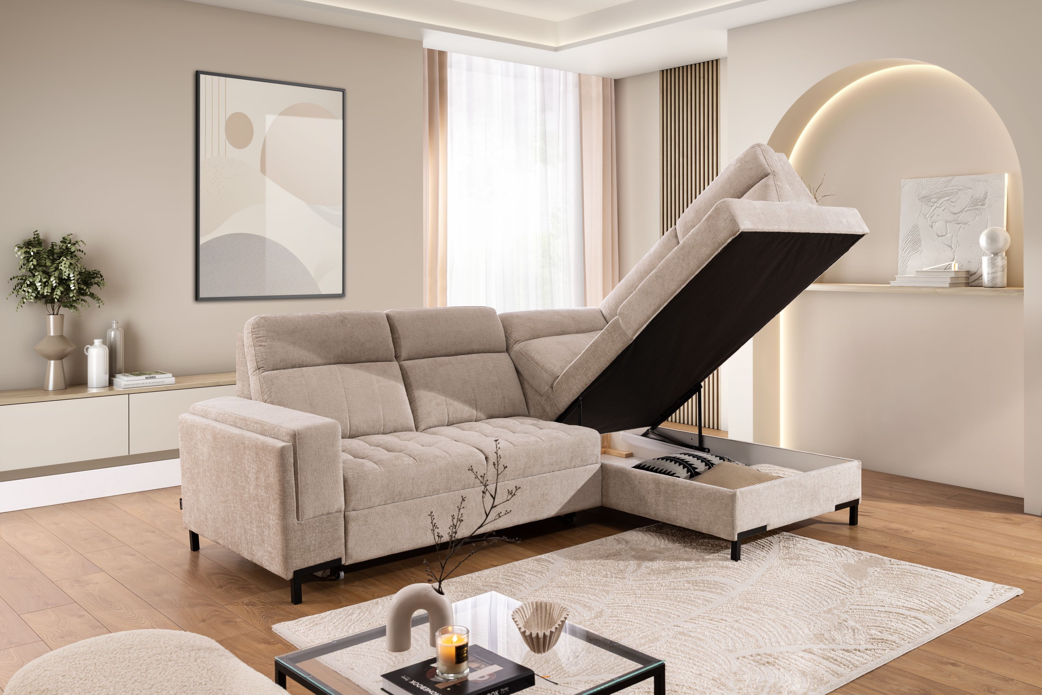 Rohová sedačka Gespano L pravostranná so širokým, vyrezaným bokom - béžový šenil Perfect harmony 07 Rohová sedacia súprava Gespano L pravá strana z szerokim, wcietym bokiem - Perfect harmony 07