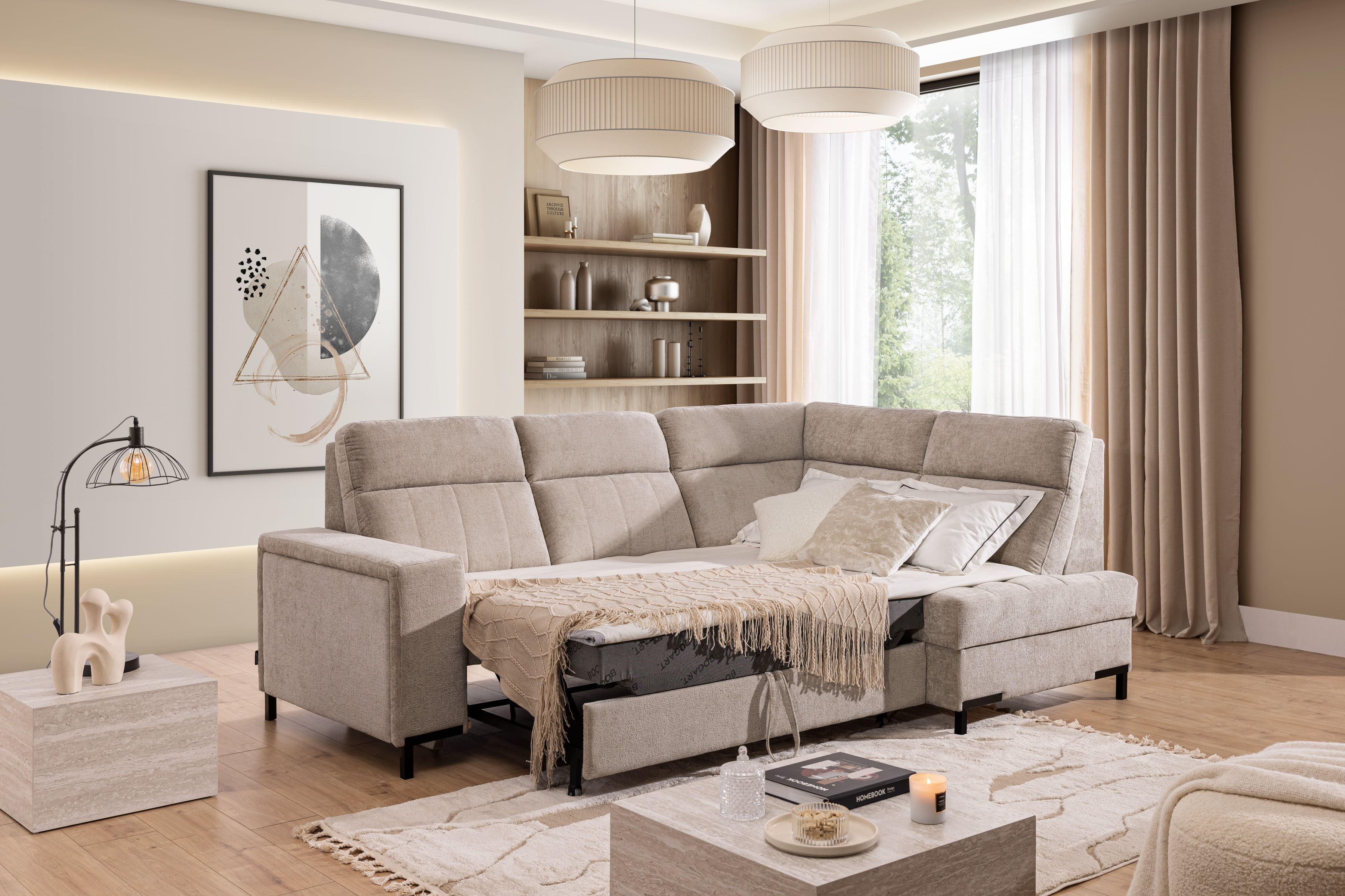 Rohová sedačka Gespano L pravostranná so širokým bokom - béžový šenil Perfect harmony 07 Rohová sedacia súprava Gespano L pravá strana z szerokim bokiem - béžový šenil Perfect harmony 07