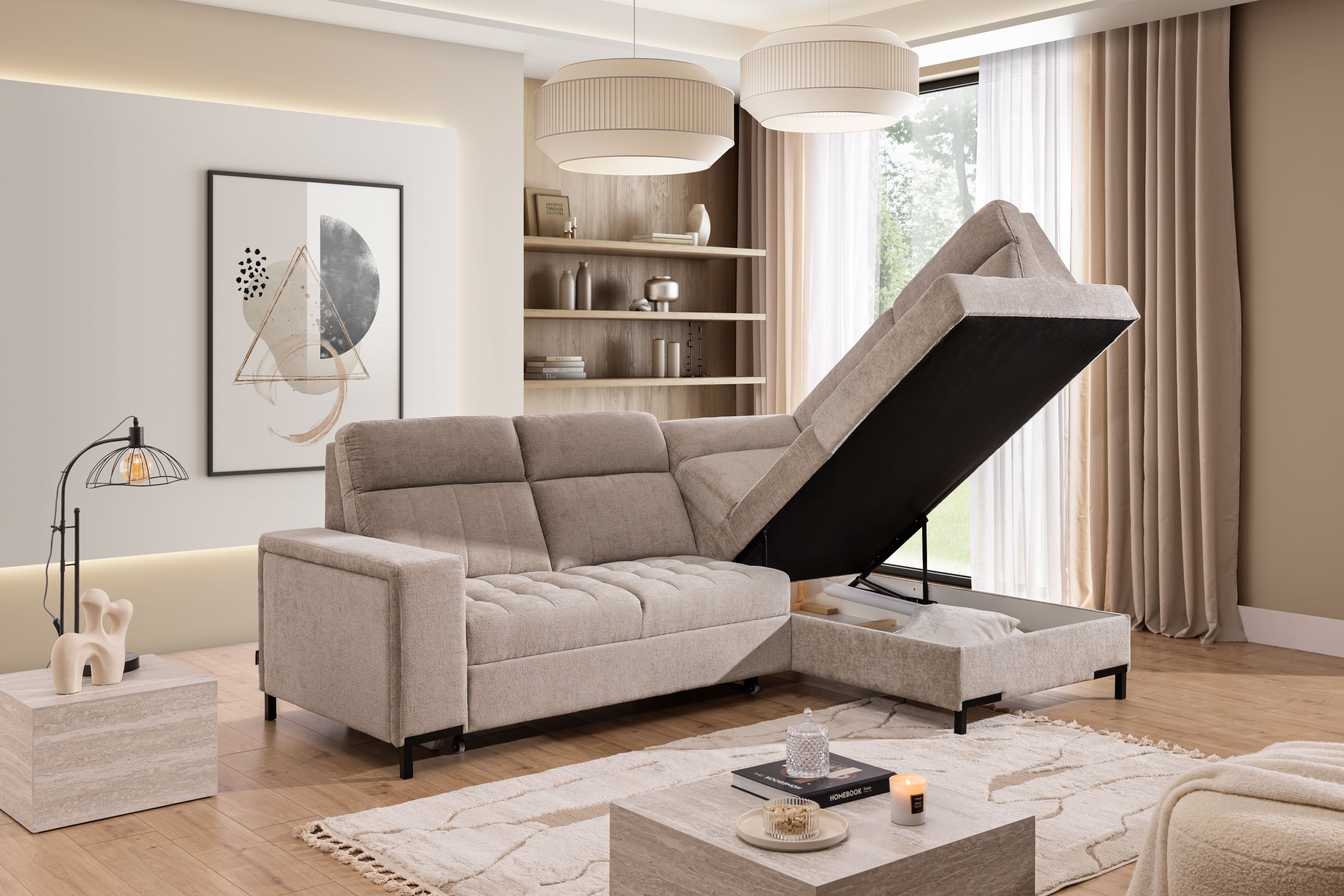 Rohová sedačka Gespano L pravostranná so širokým bokom - béžový šenil Perfect harmony 07 Rohová sedacia súprava Gespano L pravá strana z szerokim bokiem - béžový šenil Perfect harmony 07