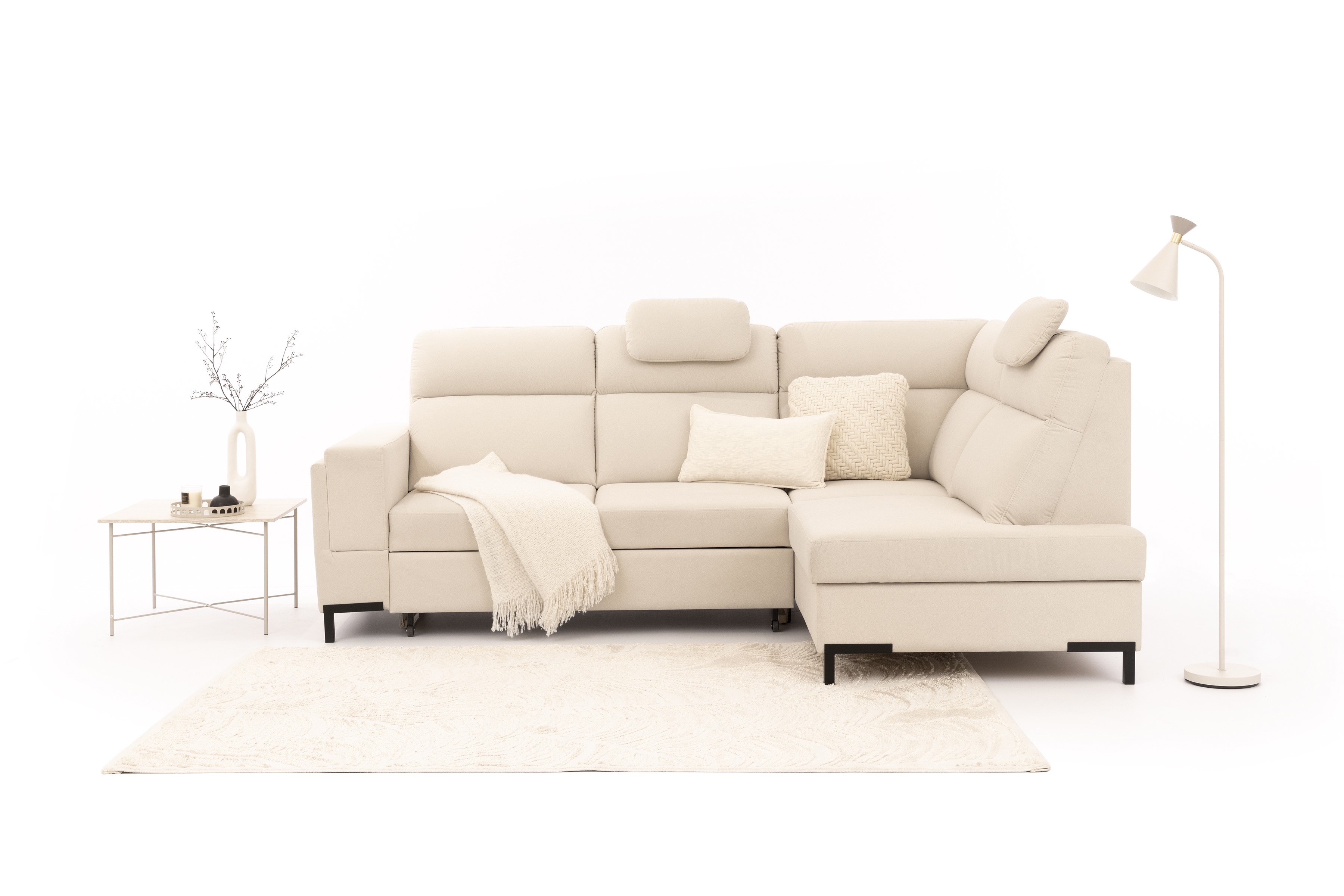 Rohová sedačka Loario L pravostranná so širokým, vyrezaným bokom - krémová látka Sand 03 Rohová sedacia súprava Loario L pravá strana z szerokim, wcietym bokiem - kremowa dzianina Sand 03