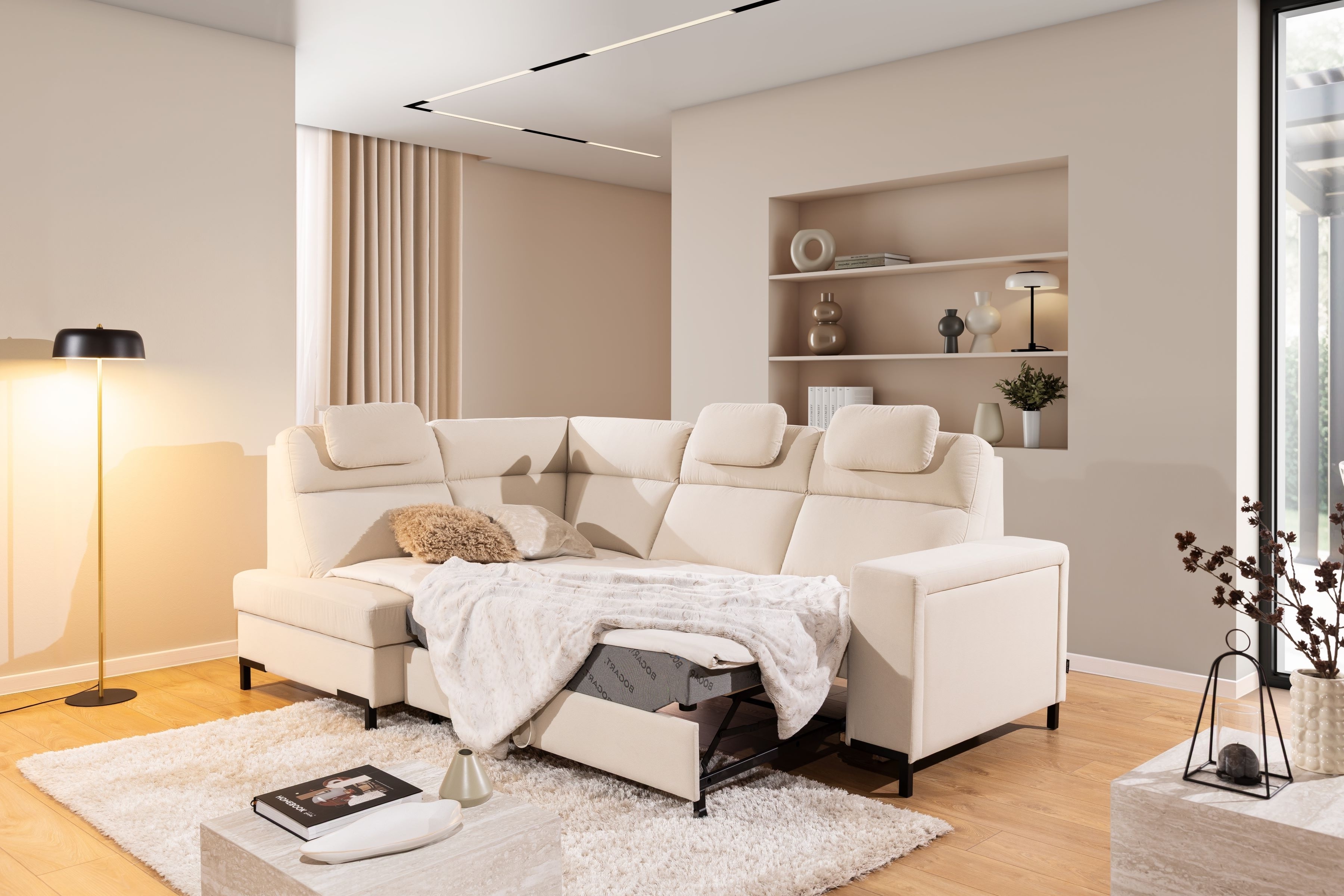 Rohová pohovka Loario L levostranná se širokým bokem - krémová látka Sand 03 Rohová sedací souprava Loario L levá z szerokim bokiem - Sand 03