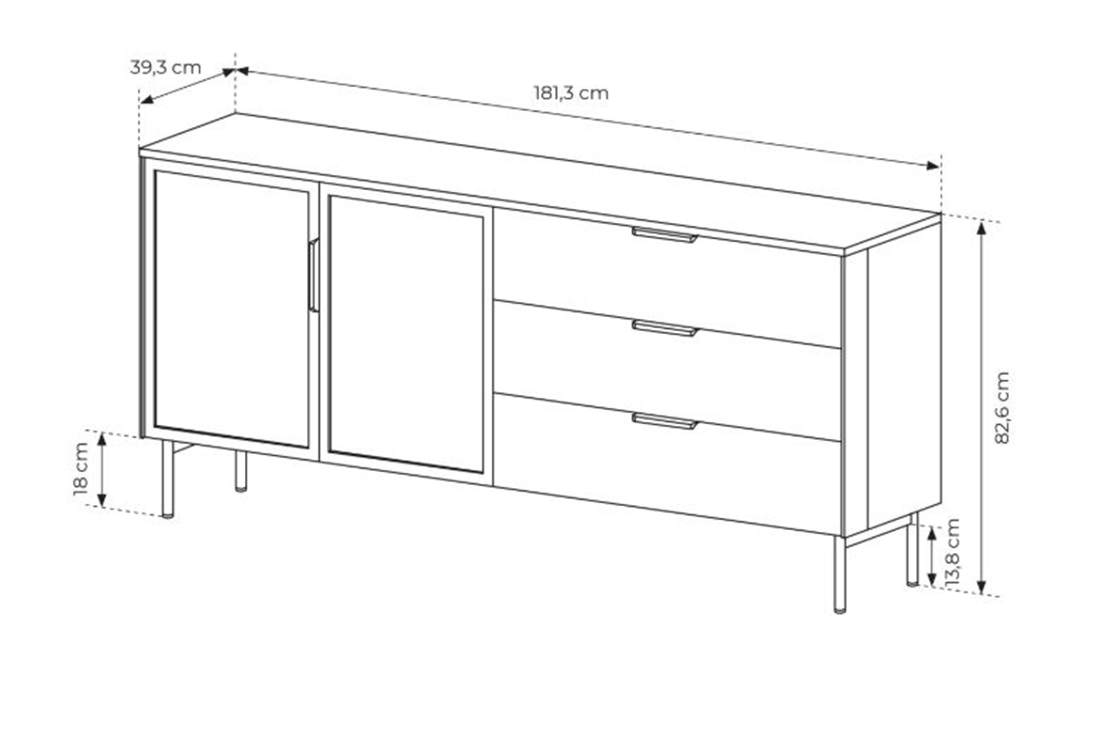Komoda Auri 181 cm so zásuvkami a osvetlením - dub dunin / čierna Komoda Auri 181 cm so zásuvkami i oswietleniem - Dub dunin / Čierny