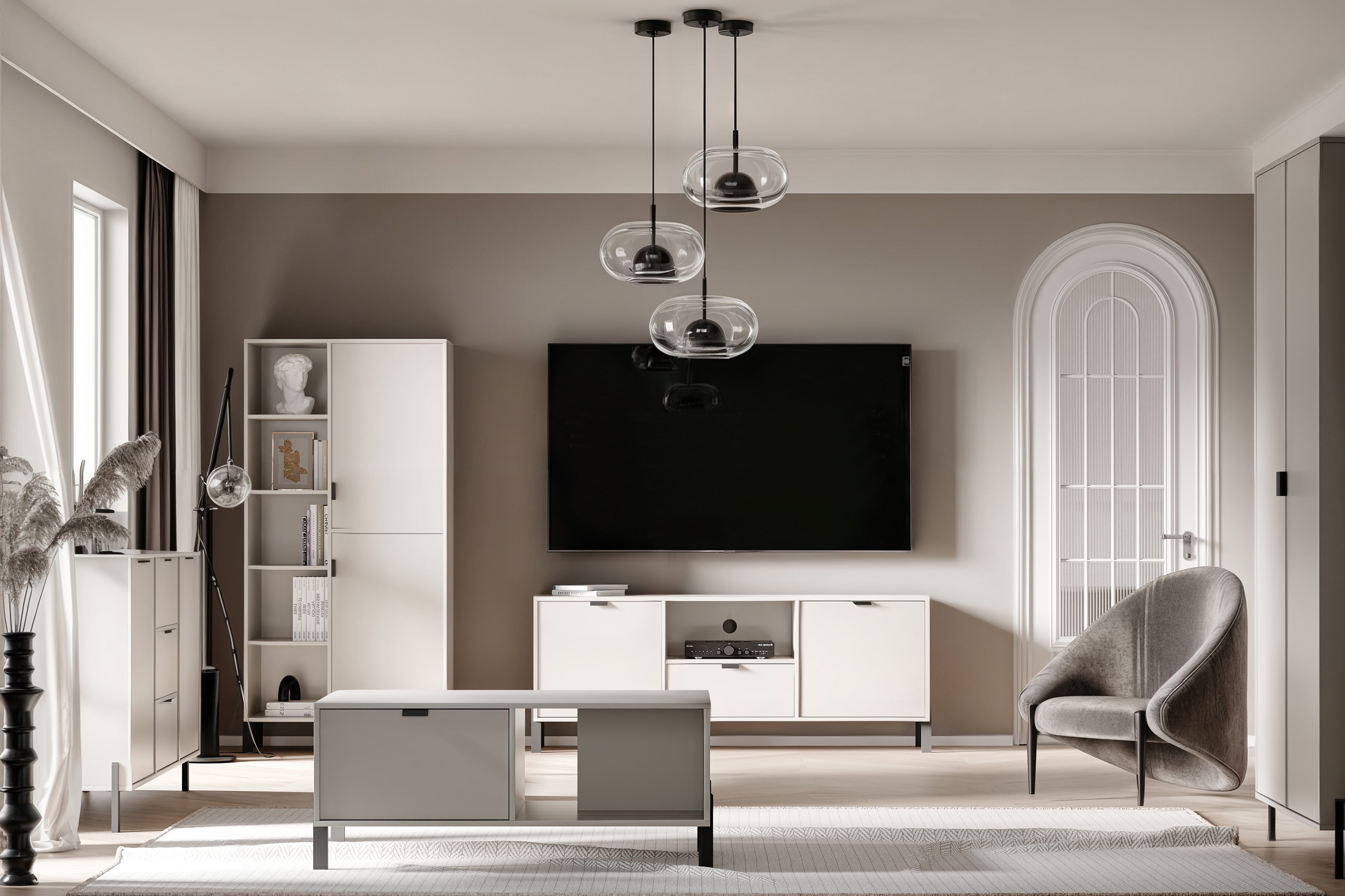 Regál Cremona 80 cm so skrinkami ľavostranný - piesková béžová Regál Cremona 80 cm z szafkami Ľavá strana - Béžová Pieskový 