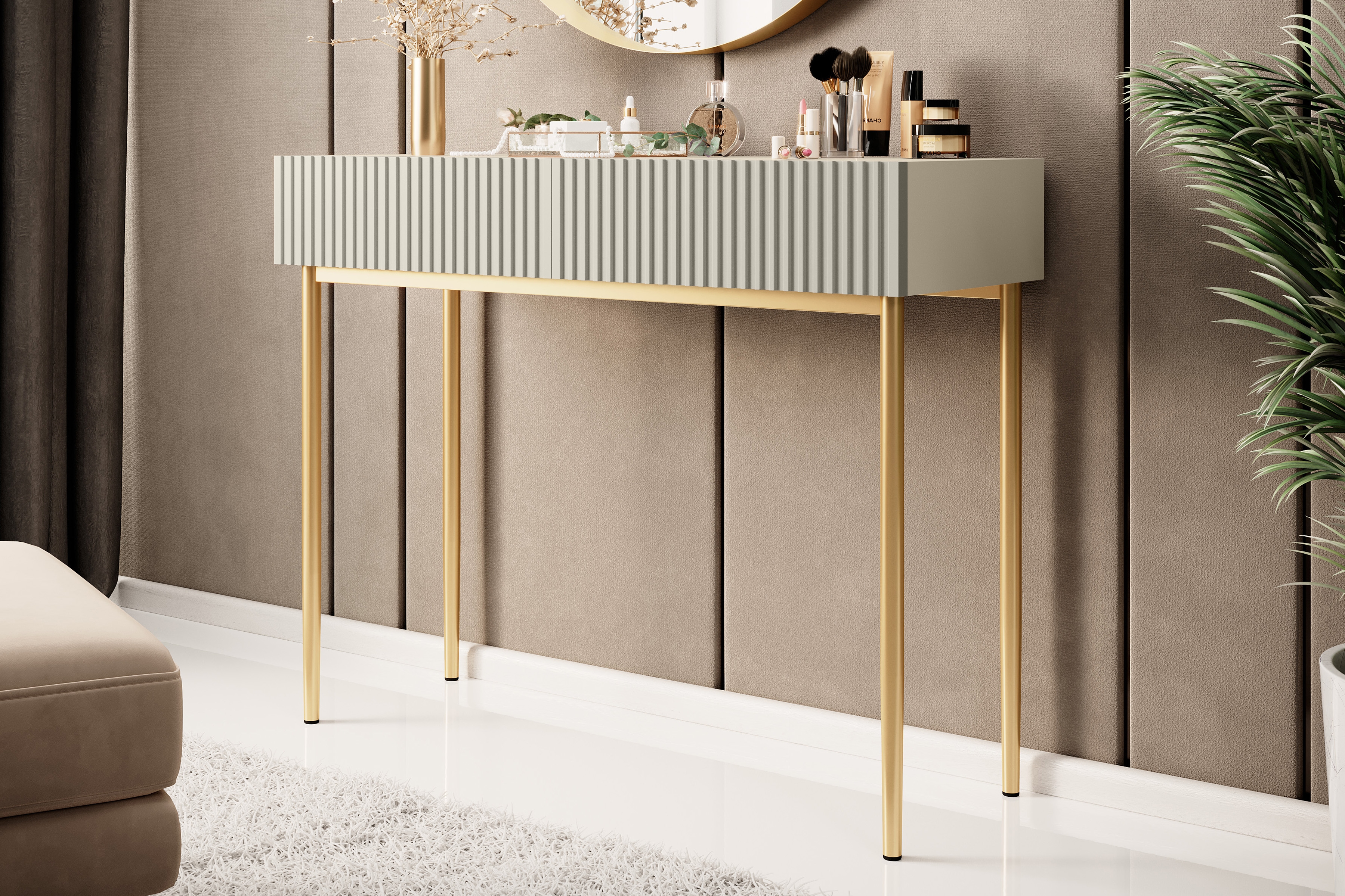 Konzolový stolek Nicole 100 cm se zásuvkami - kašmír / zlaté nohy konzole Nicole 100 cm se zásuvkami - kašmír / zlote nozki