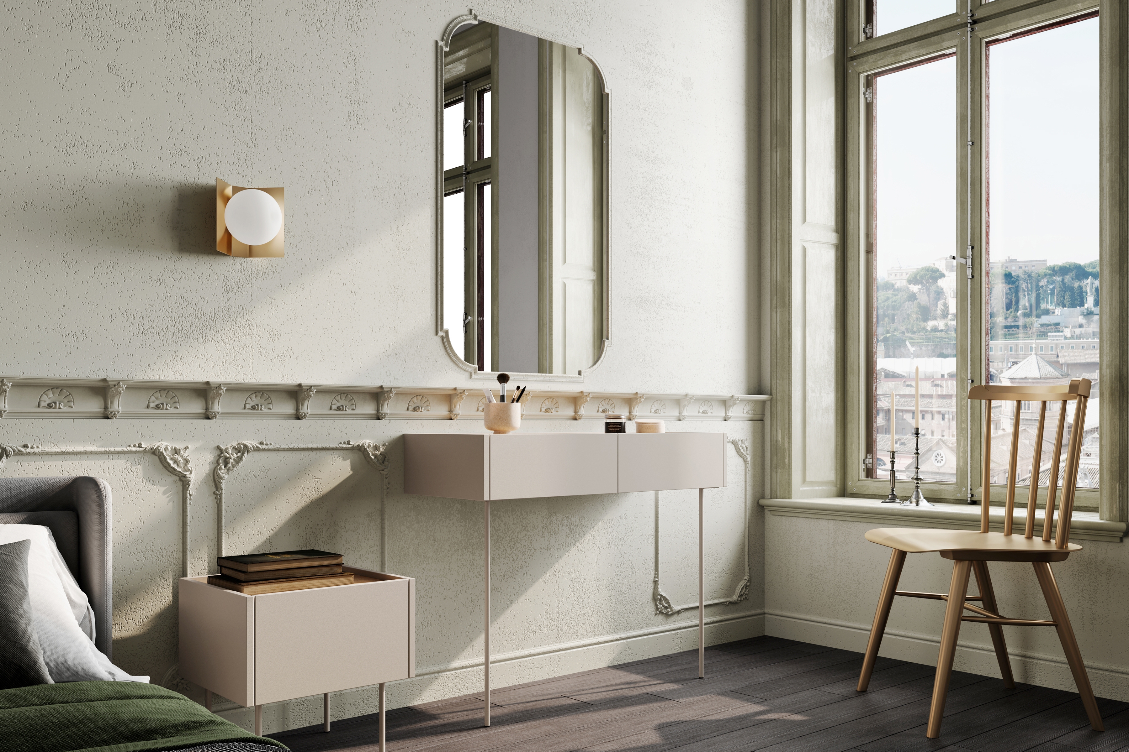 Konzolový Stolík Desin 100 cm so zásuvkami i metalowymi nogami - kašmír / Dub nagano Konzolový Stolík Desin 100 cm so zásuvkami i metalowymi nogami - kašmír / Dub nagano