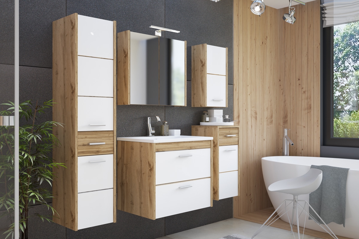 Závěsná koupelnová skříňka Ibiza White 830 - 30 cm - dub wotan / bílý lesk Nábytek se zrcadlem a umývadlem