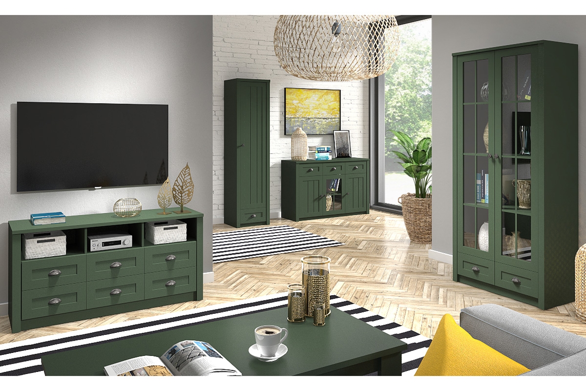 Provence W2S kétajtós vitrin, két fiókkal - 90 cm - zöld Komplet nábytku