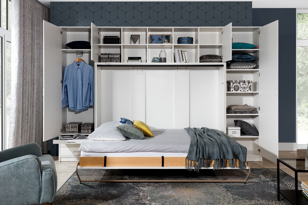 Sklápěcí postel horizontální 120x200 Basic New Elegance - Bílý lesk sklápěcí postel se skříněmi