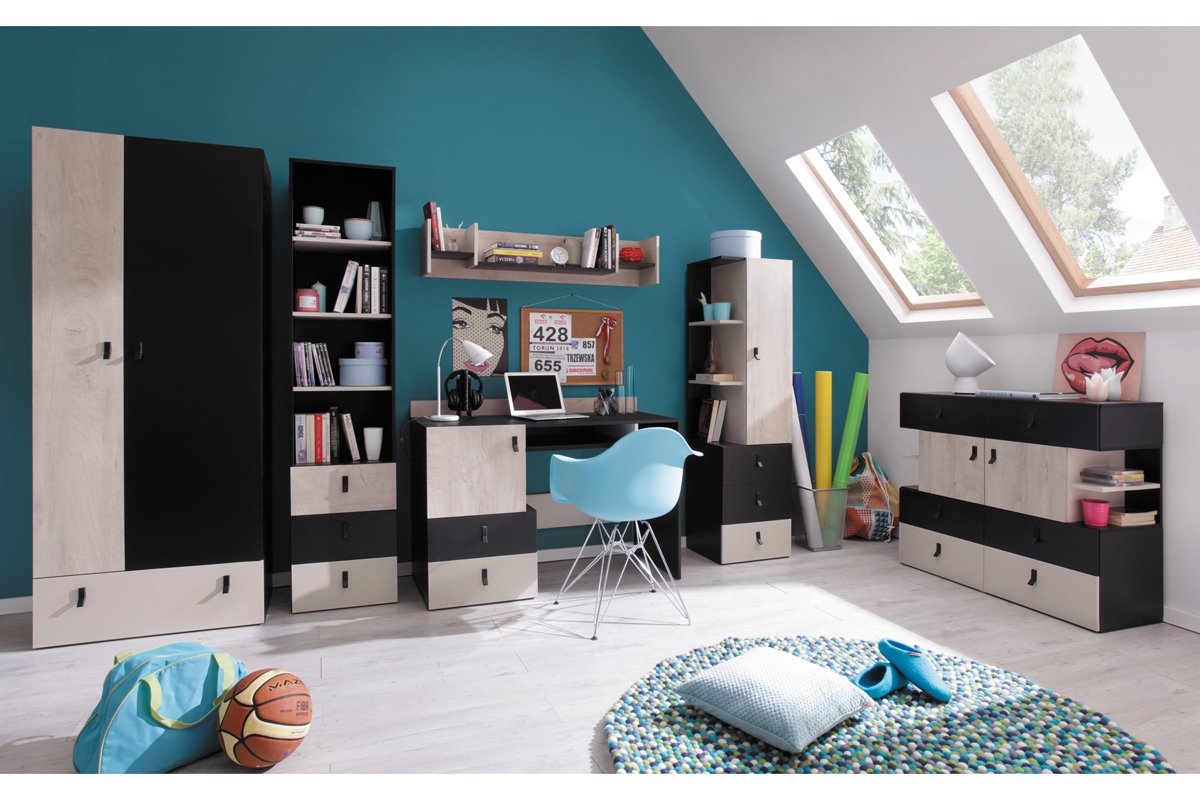 Mládežnická postel s výsuvným panelem PL14 Planet - Černý / Dub / Béžová  kolekce nábytku mládežnického