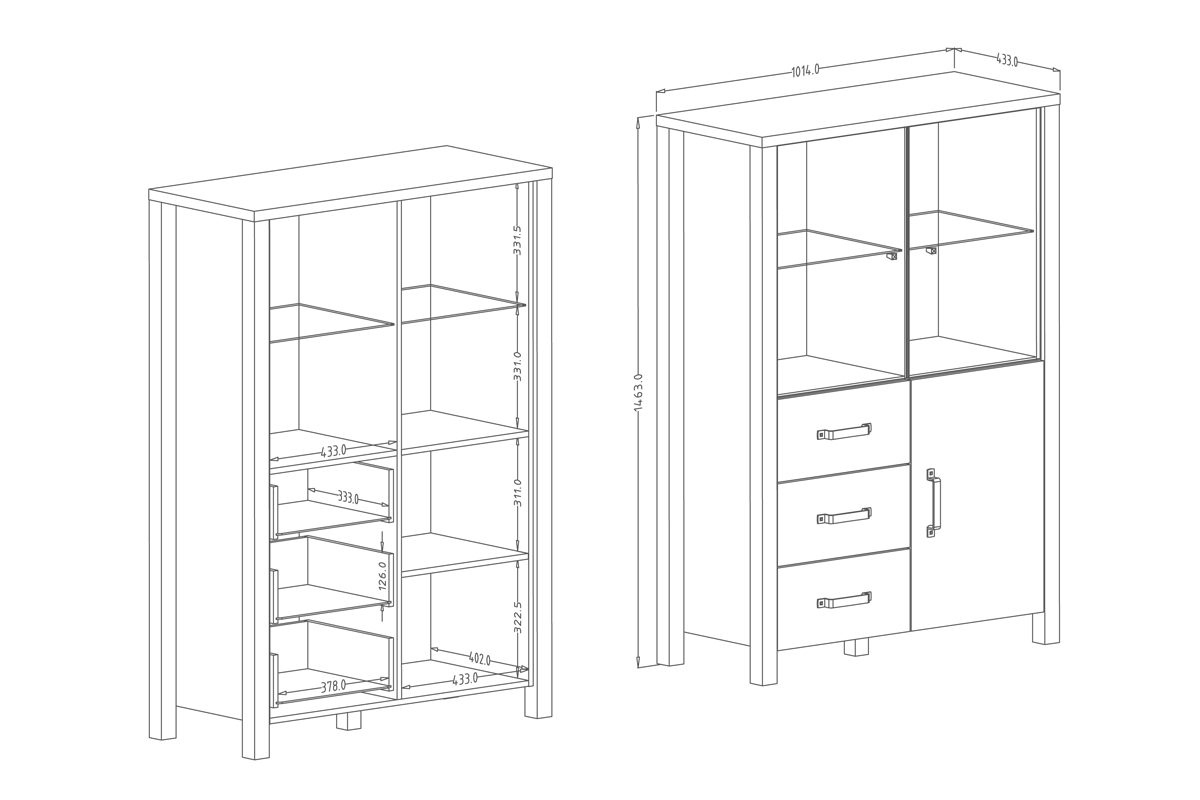 Set de mobilier pentru camera de zi Olin Appenzeller Fichte - Negru mat Vitrína se zásuvkami loft