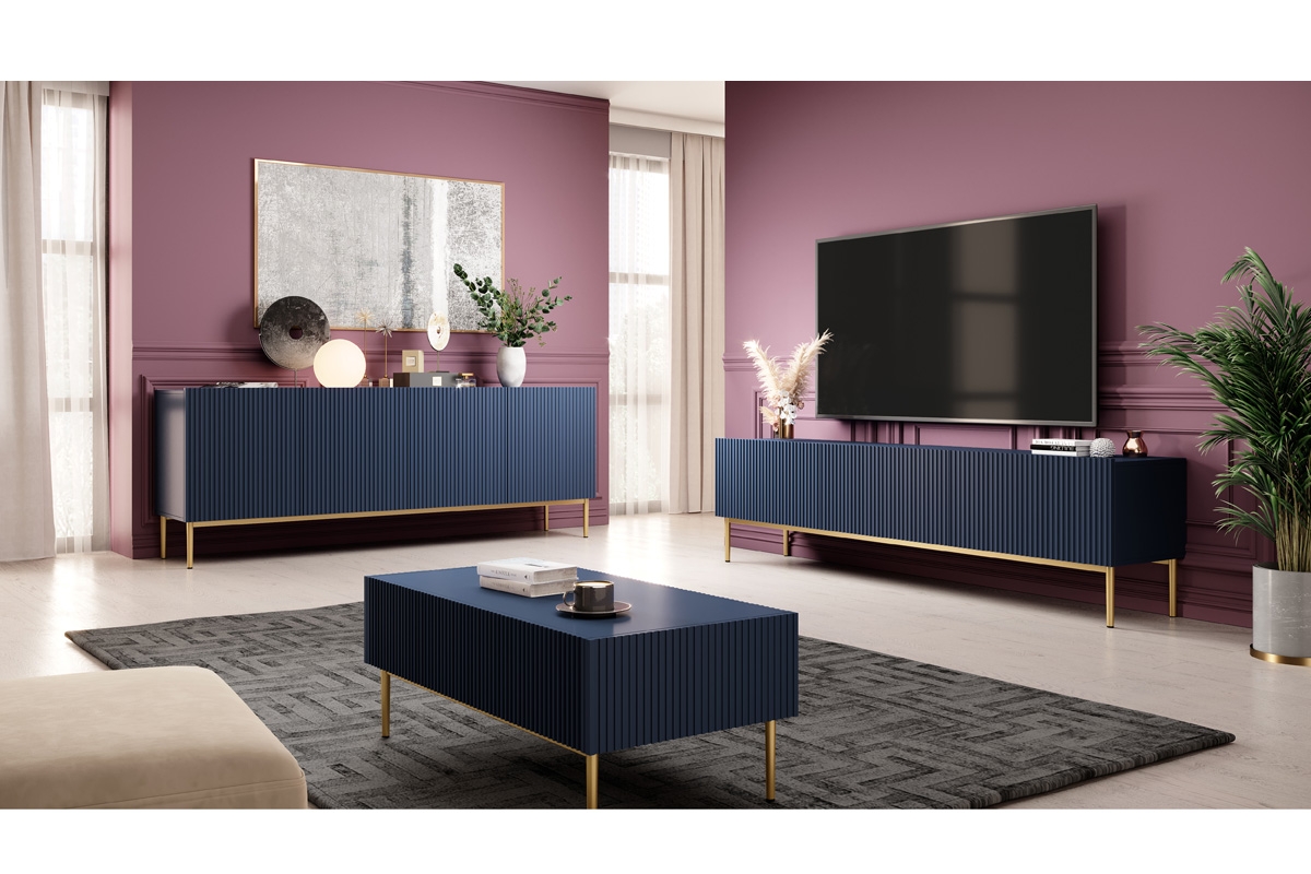 TV stolek Nicole 200 cm - tmavě modrá / zlaté nožky Skříňka do obývacího pokoje