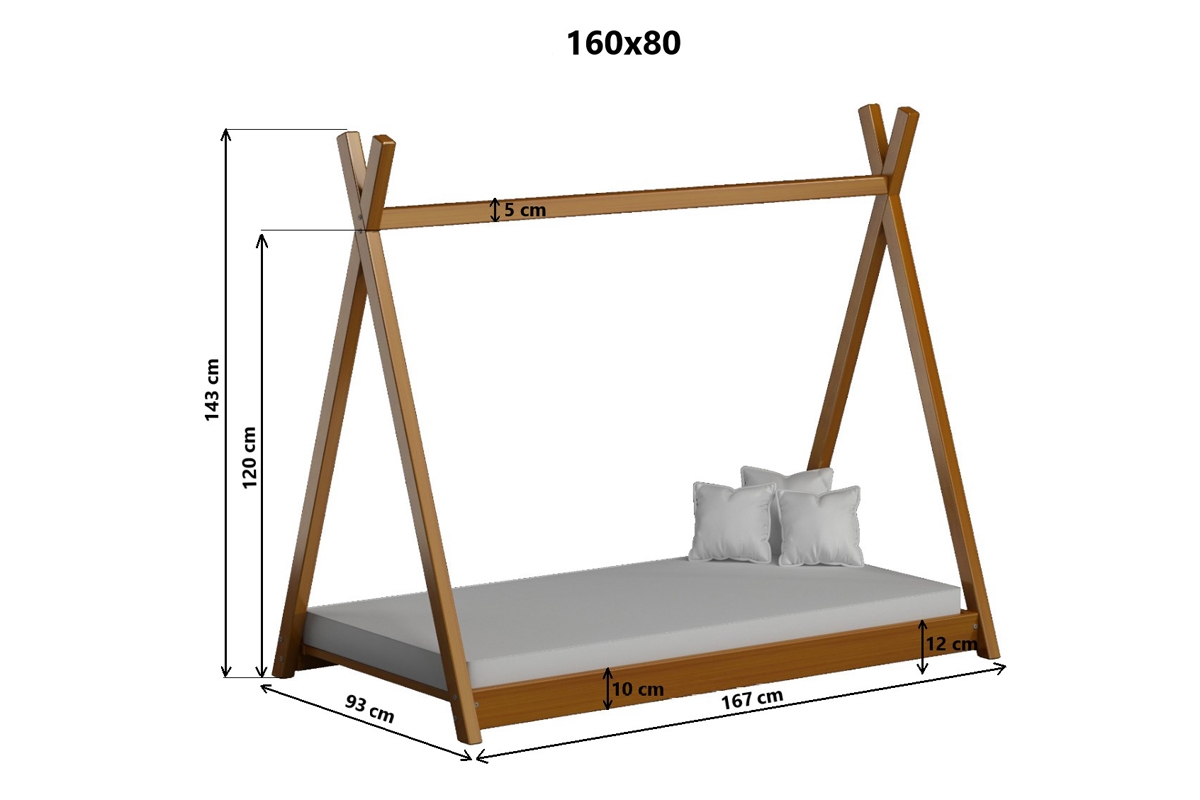 postel dzieciece drewniane domeček Tipi - Růžová, 70x140 - Výprodej postel drewniane Tipi - Rozměry