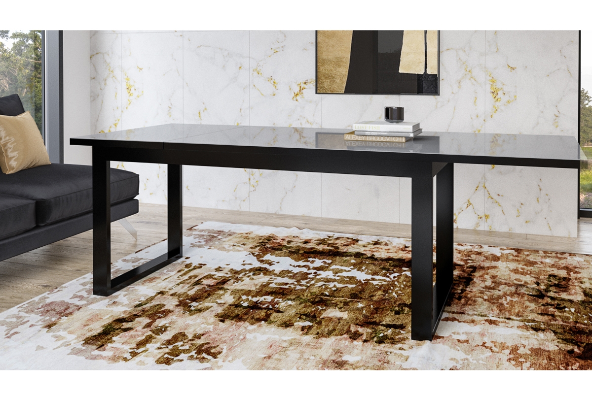 Stůl rozkladany Helio 91 ze szklanym blatem 130-175x80 cm - Černý lesk / Sklo gwiezdzista noc Stůl do obývacího pokoje
