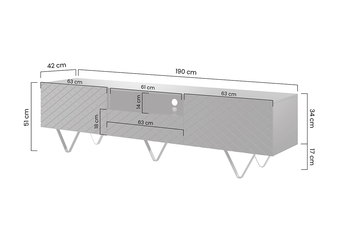 TV stolek Scalia 190 cm s výklenkem - bílý mat / černé nožky Rozměry nábytku