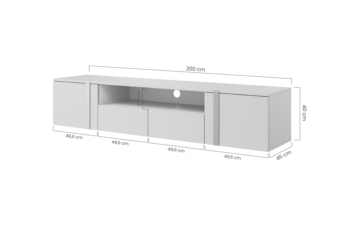 Verica 200 cm-es TV-szekrény, falra szerelhető, nyitott polccal - kasmír / fekete fogantyúk Rozměry nábytku
