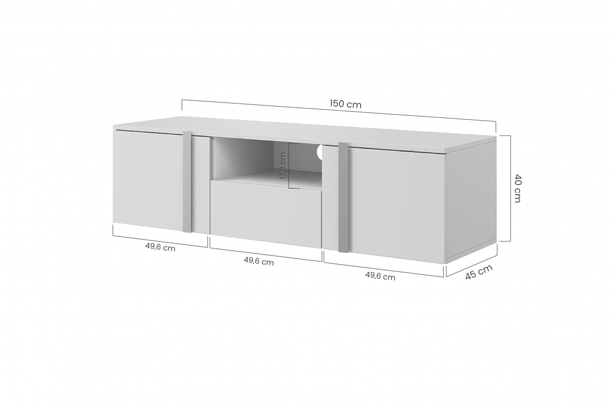 Závěsný TV stolek Verica 150 cm s výklenkem - kašmírová / černé úchytky Rozměry nábytku