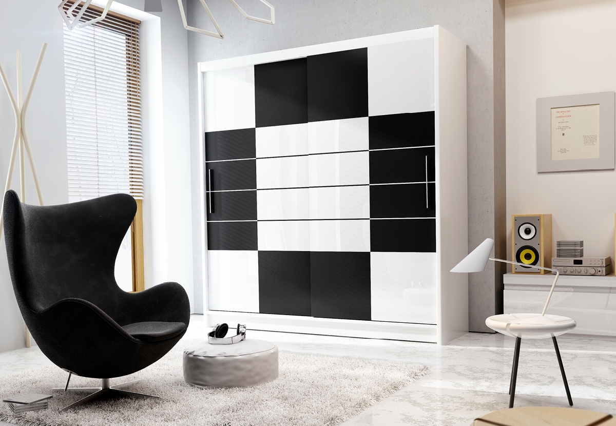 Skriňa s posuvnými dverami Aruba 203 cm - Čierna/Biele sklo Skriňa Aruba 203 vizualizácia