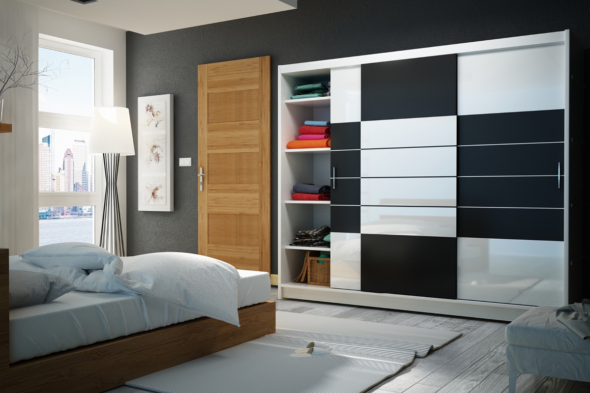 Skříň s posuvnými dveřmi Aruba 250 cm - černá / bílé sklo Skříň s posuvnými dveřmi Aruba 250 cm - Černá/bílé sklo