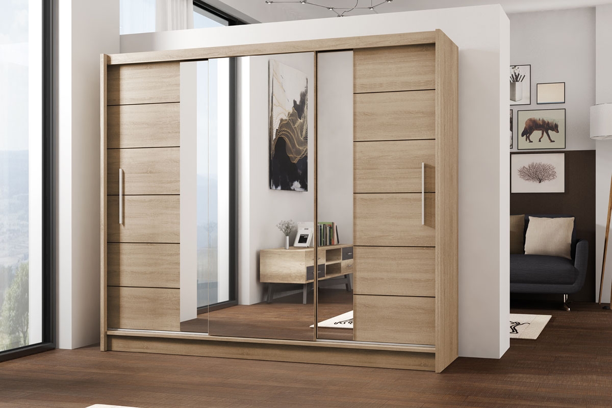 Skriňa s posuvnými dverami so zrkadlom Lizbona II 250 cm - dub sonoma Skriňa z zrkadlom lizbona 250 cm vizualizácia