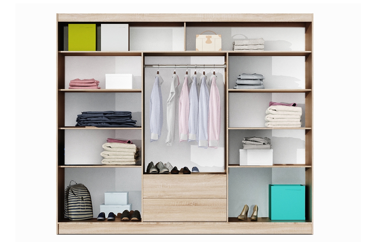 Skříň Malibu 250 cm - bílá Skříň s posuvnými dveřmi Malibu 250 cm - Bílá wnetrze