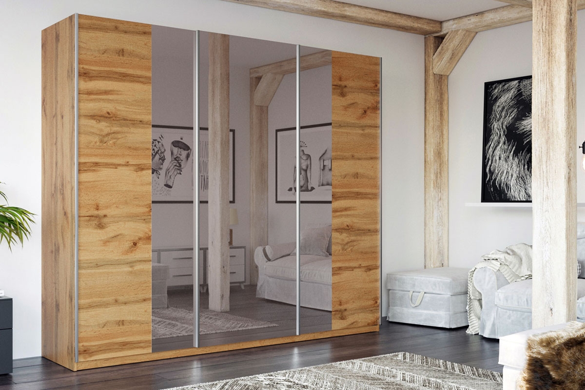 Skriňa s posuvnými dverami Praga 250 Dub wotan - Zrkadlo dymové Skriňa Praga vizualizácia