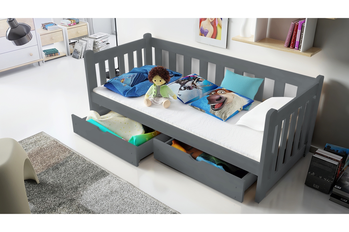 Dětská postel Swen 70x140 cm se zásuvkami - grafitová postel přízemní dřevěná Swen DP 001 - grafit