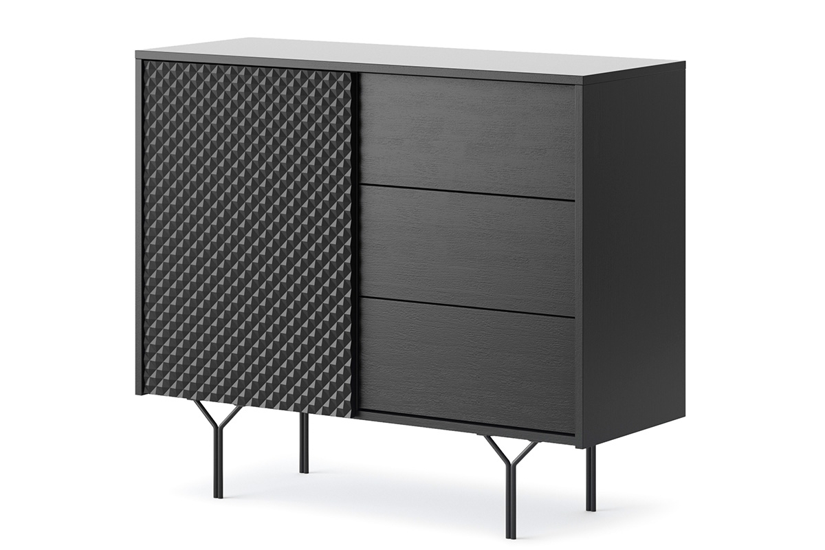 Komoda Ameis 97 cm s 3D čely - černý grafit Komoda s zásuvkami i frontem 3D Ameis 97 cm na kovové podstavě - Černý grafit