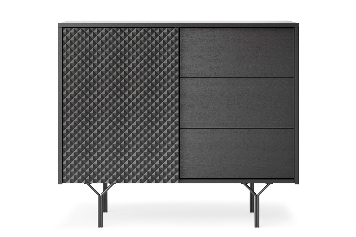 Komoda Ameis 97 cm s 3D čely - černý grafit Komoda s zásuvkami i frontem 3D Ameis 97 cm na kovové podstavě - Černý grafit  - přední část