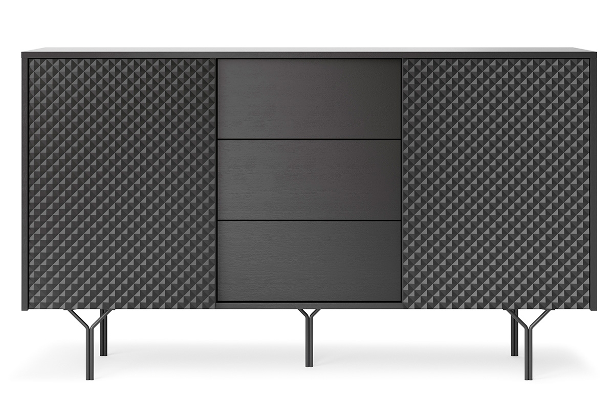 Komoda Ameis 144 cm s 3D čely - černý grafit Komoda dvoudveřová s zásuvkami i frontem 3D Ameis 144 cm - Černý grafit - aranzacja