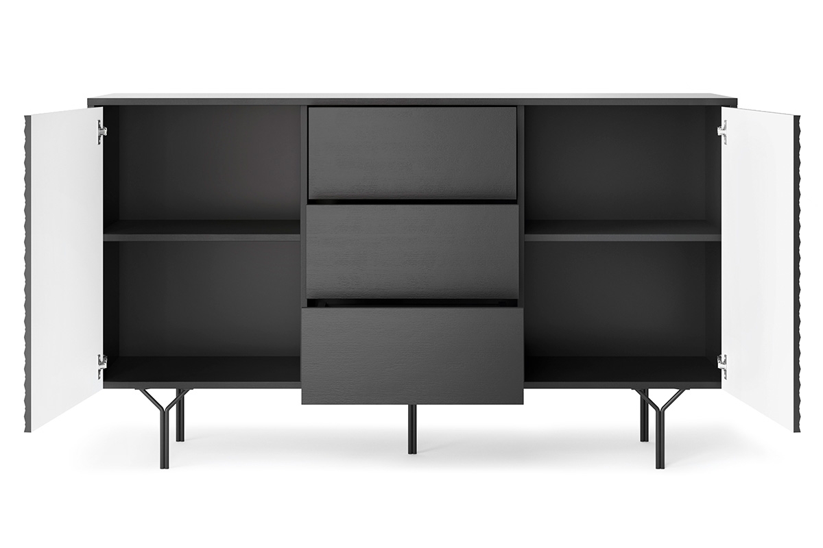 Komoda Ameis 144 cm s 3D čely - černý grafit Komoda dvoudveřová s zásuvkami i frontem 3D Ameis 144 cm - Černý grafit - wnetrze
