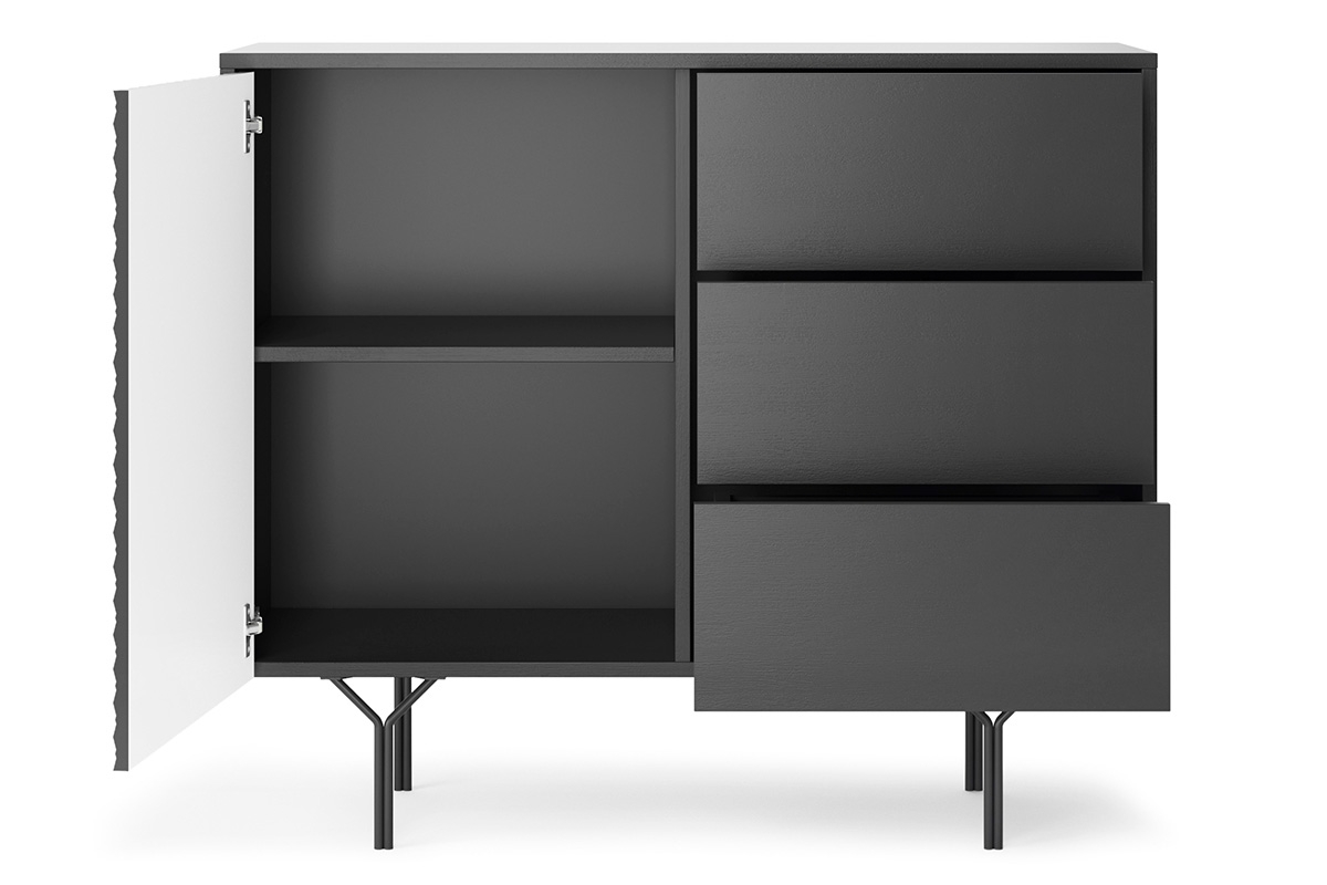 Komoda Ameis 97 cm s 3D čely - černý grafit Komoda s zásuvkami i frontem 3D Ameis 97 cm na kovové podstavě - Černý grafit - wnetrze