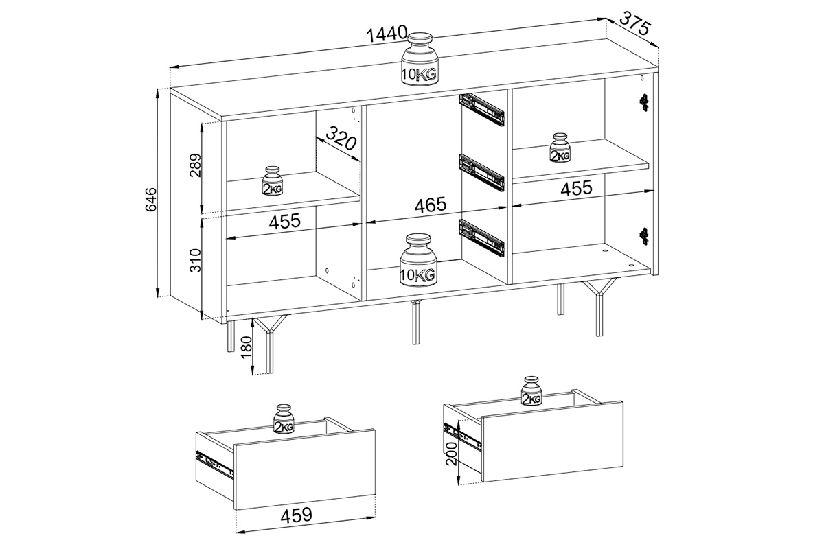 Komoda Ameis 144 cm s 3D čely - černý grafit Komoda dvoudveřová s zásuvkami i frontem 3D Ameis 144 cm - Černý grafit - Rozměry