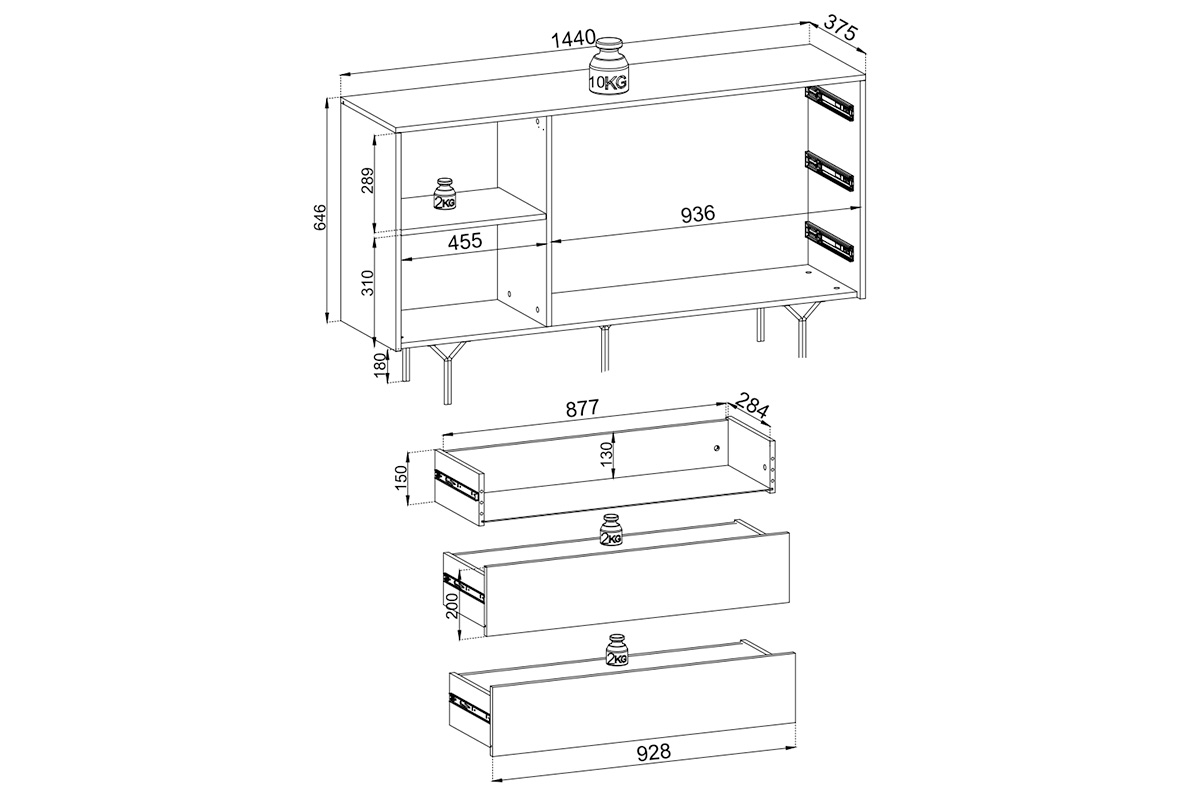 Komoda Ameis 144 cm s 3D čely - černý grafit Komoda jednodveřová s zásuvkami i frontem 3D Ameis 144 cm - Černý grafit - Rozměry